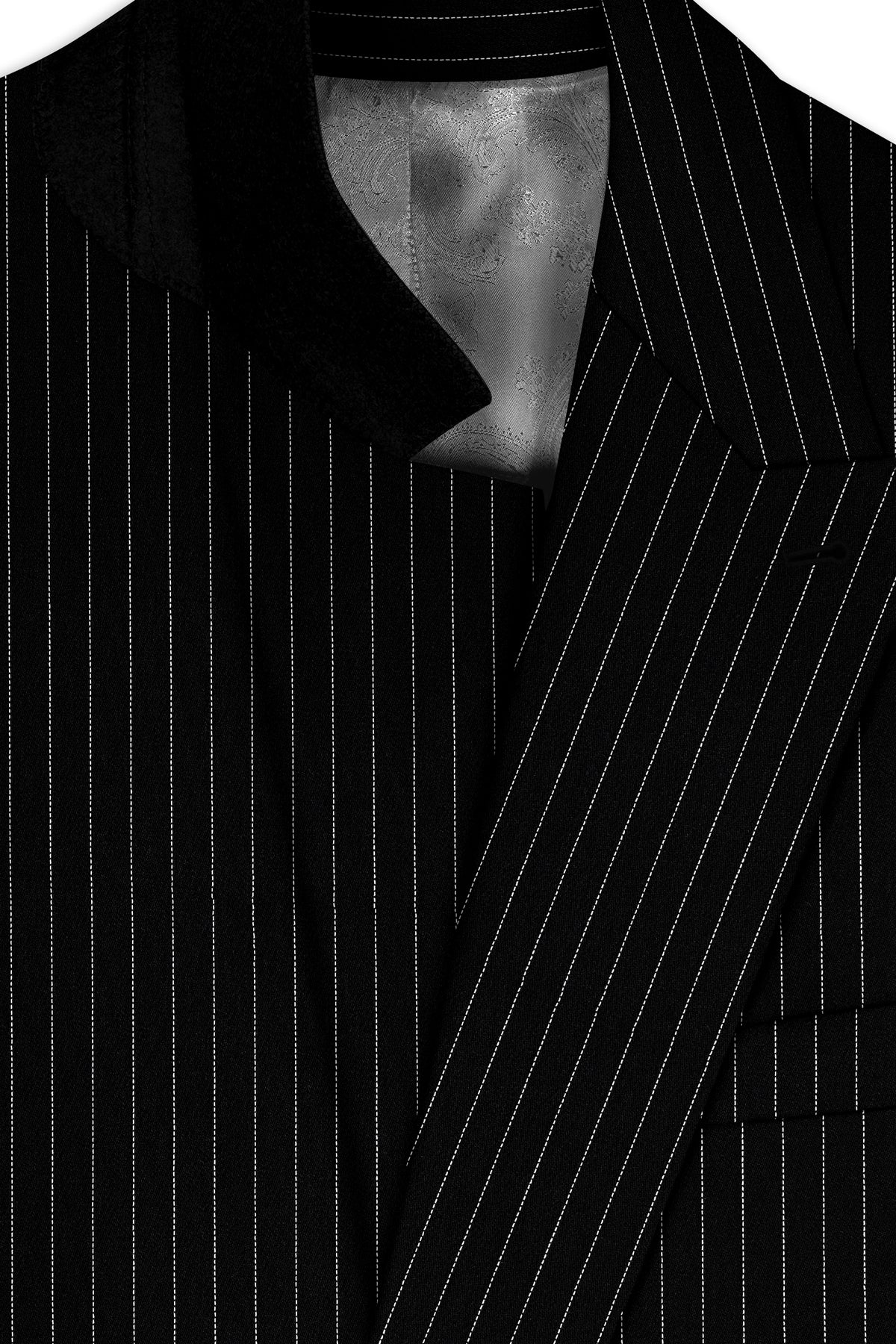 Noble-Jade Black Chalk Striped Wool Rich Wrinkle-Free Fluid Drape Fabric Double Breasted Blazer