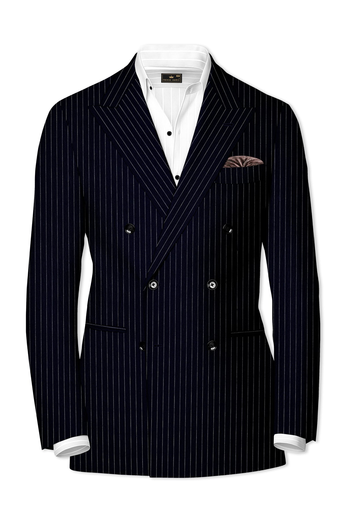 Windsor-Navy Blue Chalk Striped Wool Rich Wrinkle-Free Fluid Drape Fabric Double Breasted Blazer