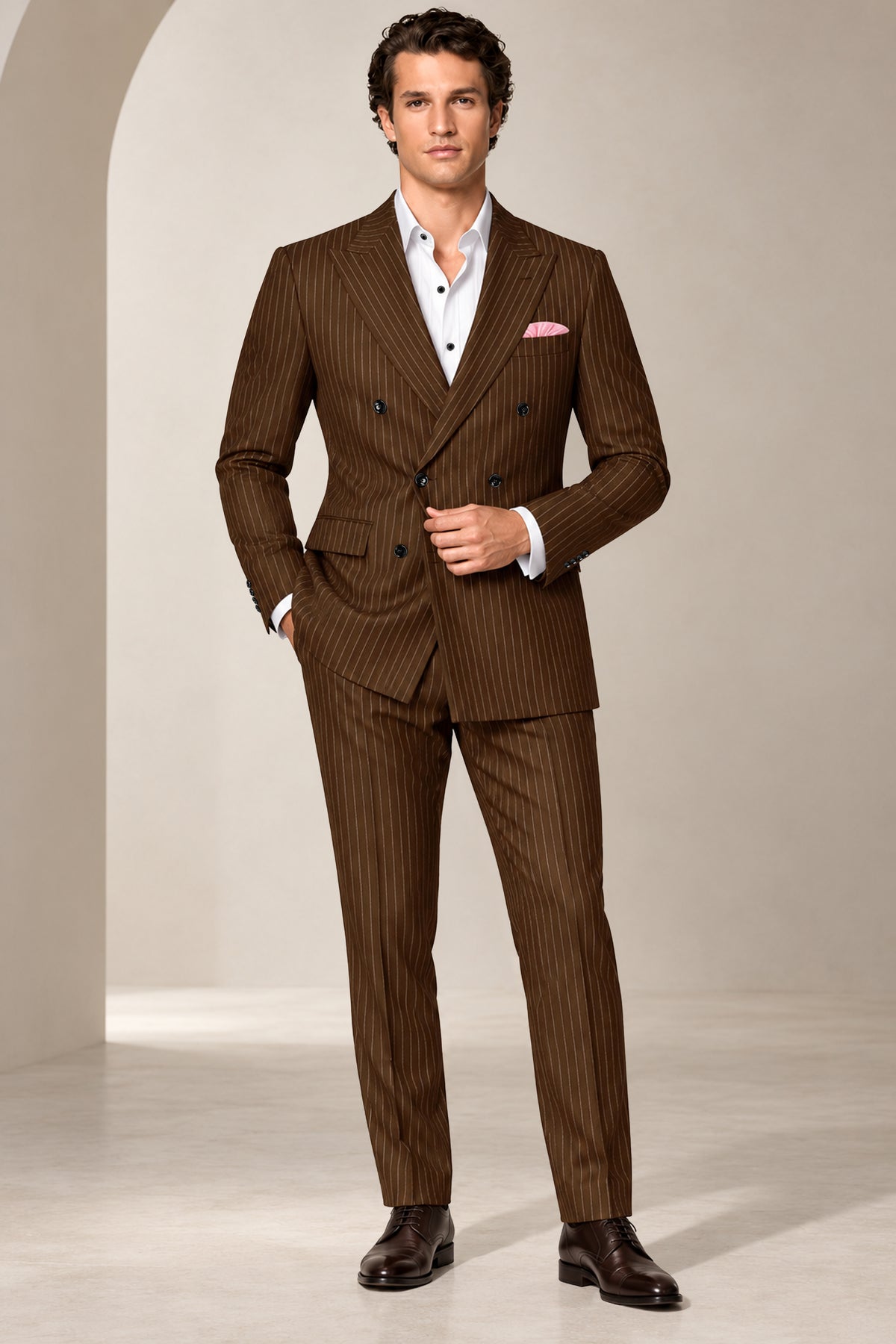 Everton-Clinker Brown Chalk Striped Wool Rich Wrinkle-Free Fluid Drape Fabric Double Breasted Blazer
