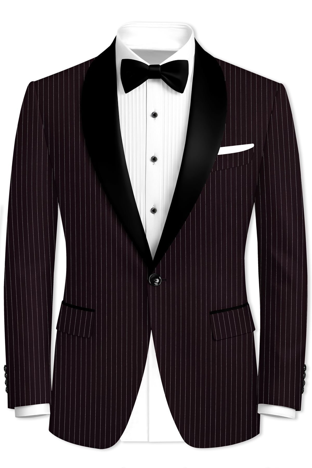 Vesper-Gondola Maroon Chalk Striped Wool Rich Wrinkle-Free Fluid Drape Fabric Tuxedo Blazer