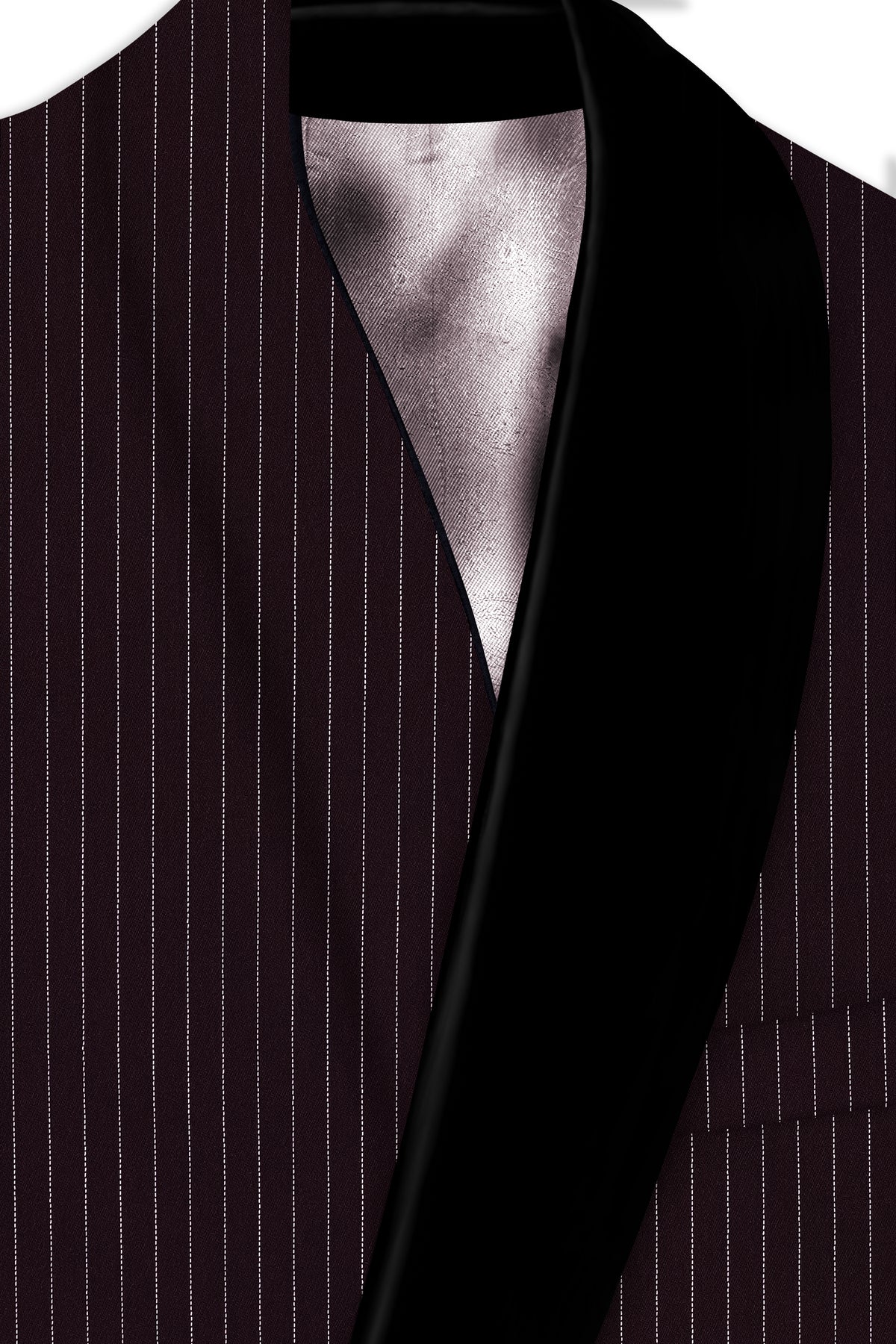 Vesper-Gondola Maroon Chalk Striped Wool Rich Wrinkle-Free Fluid Drape Fabric Tuxedo Blazer