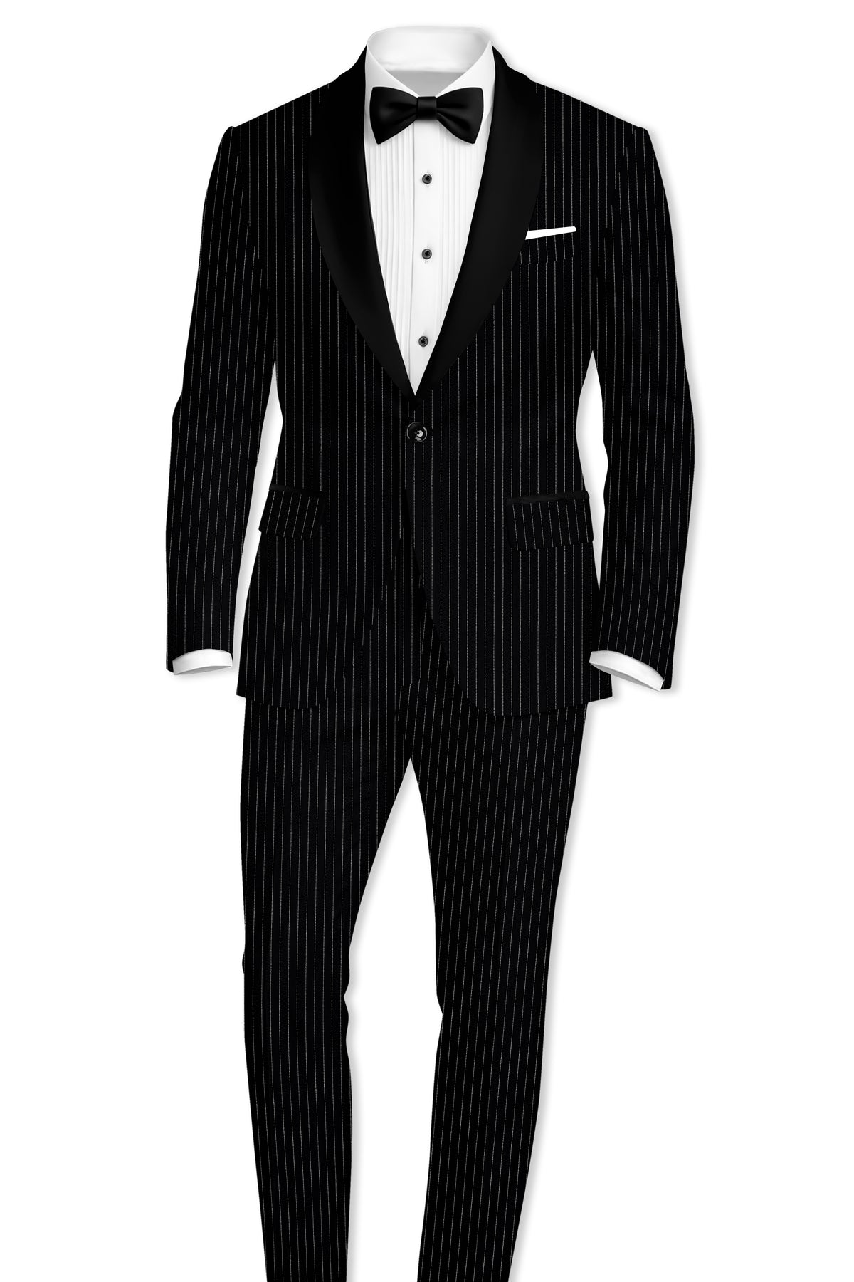 Noble-Jade Black Chalk Striped Wool Rich Wrinkle-Free Fluid Drape Fabric Tuxedo Blazer