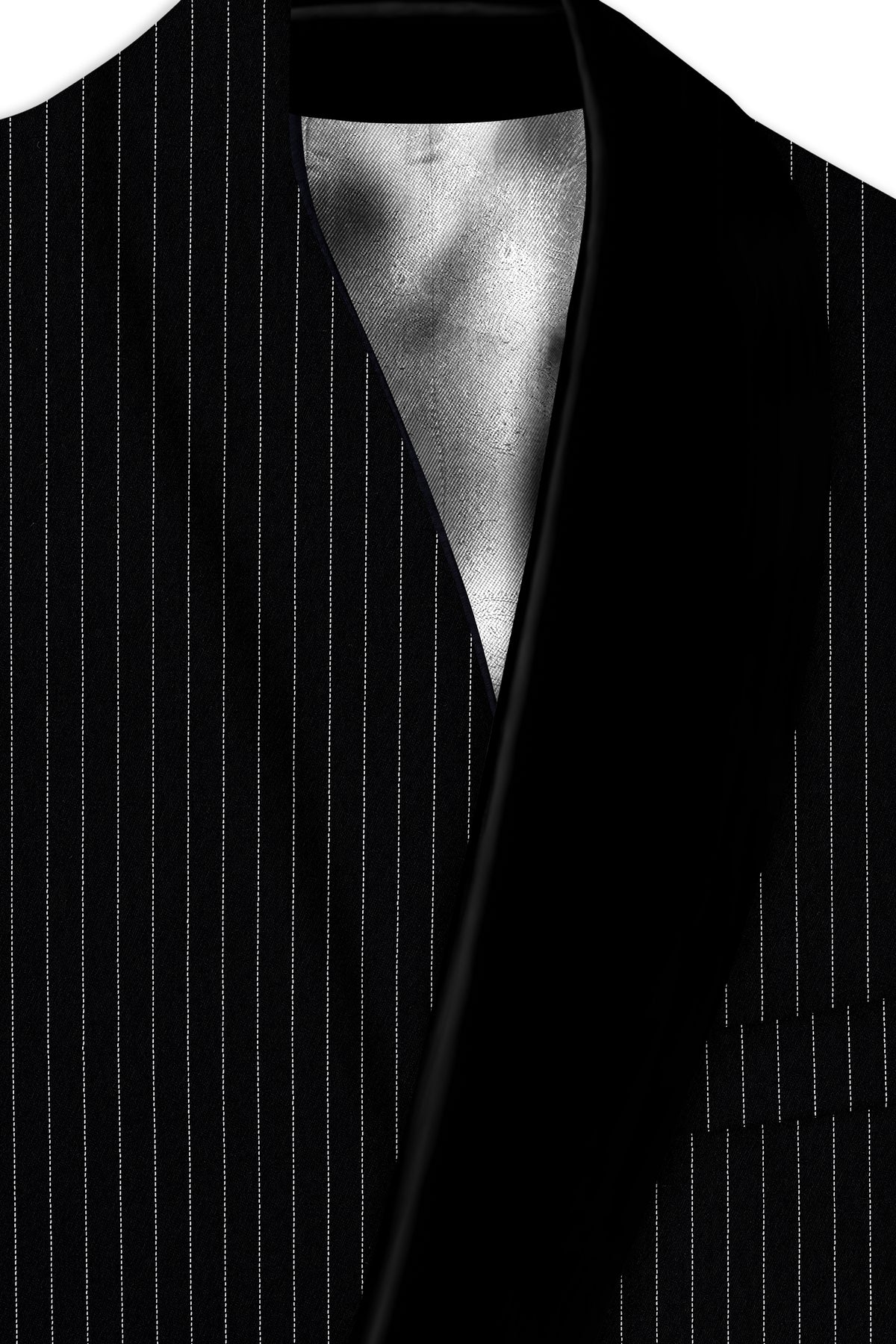 Noble-Jade Black Chalk Striped Wool Rich Wrinkle-Free Fluid Drape Fabric Tuxedo Blazer