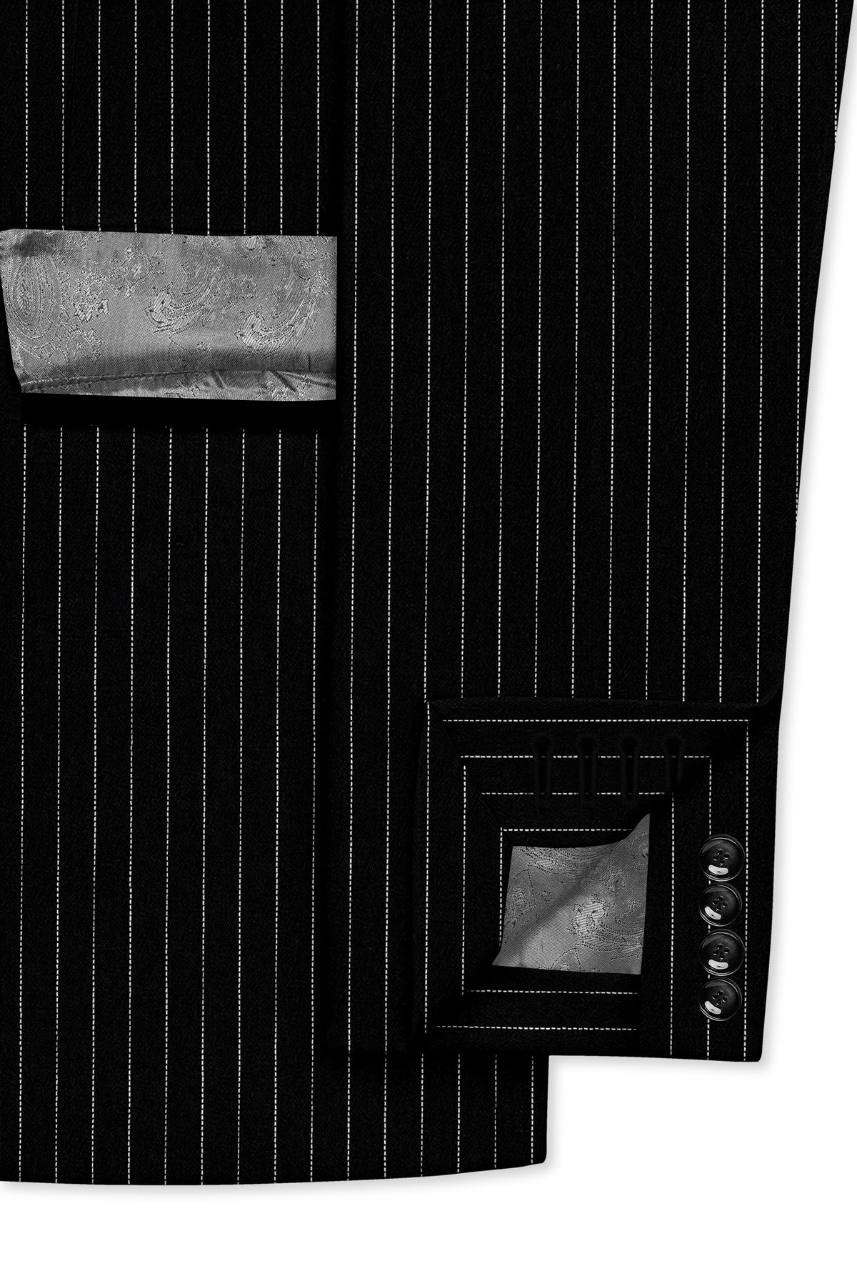 Noble-Jade Black Chalk Striped Wool Rich Wrinkle-Free Fluid Drape Fabric Tuxedo Blazer