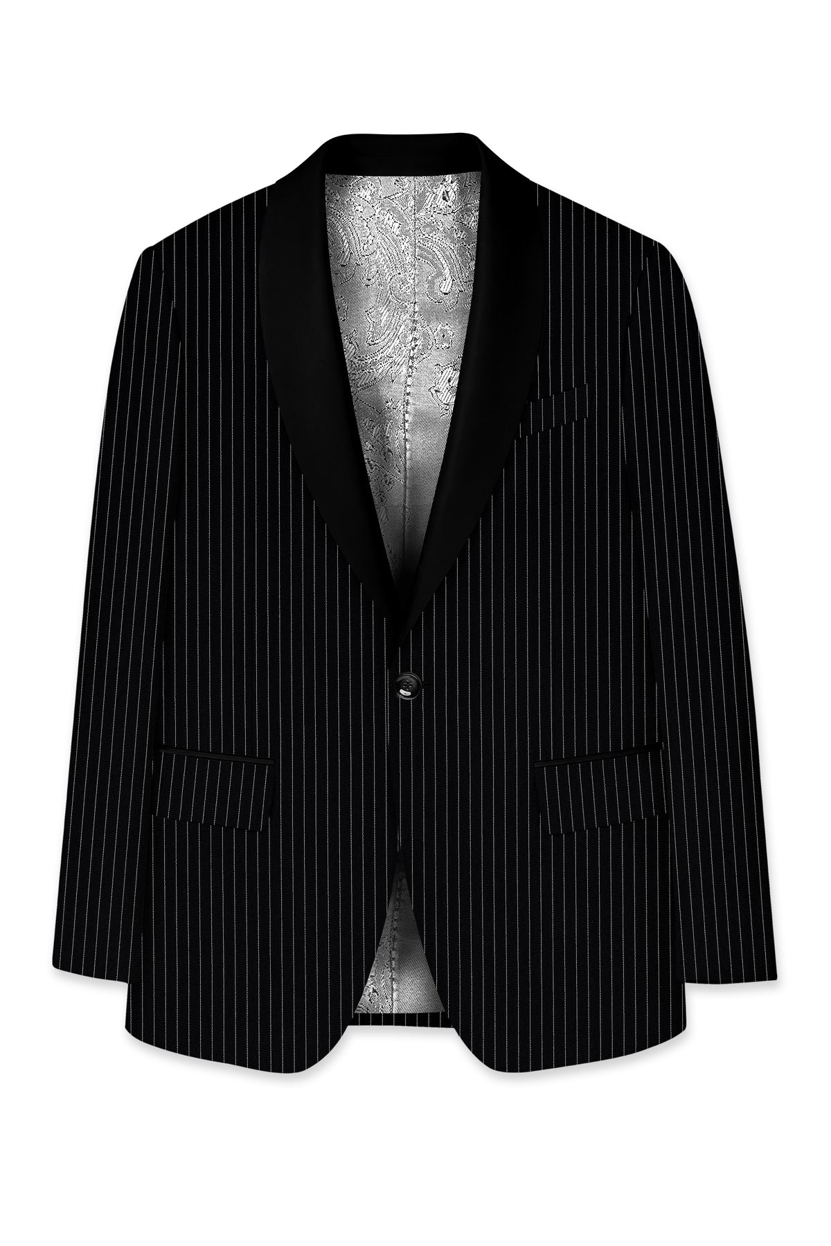 Noble-Jade Black Chalk Striped Wool Rich Wrinkle-Free Fluid Drape Fabric Tuxedo Blazer