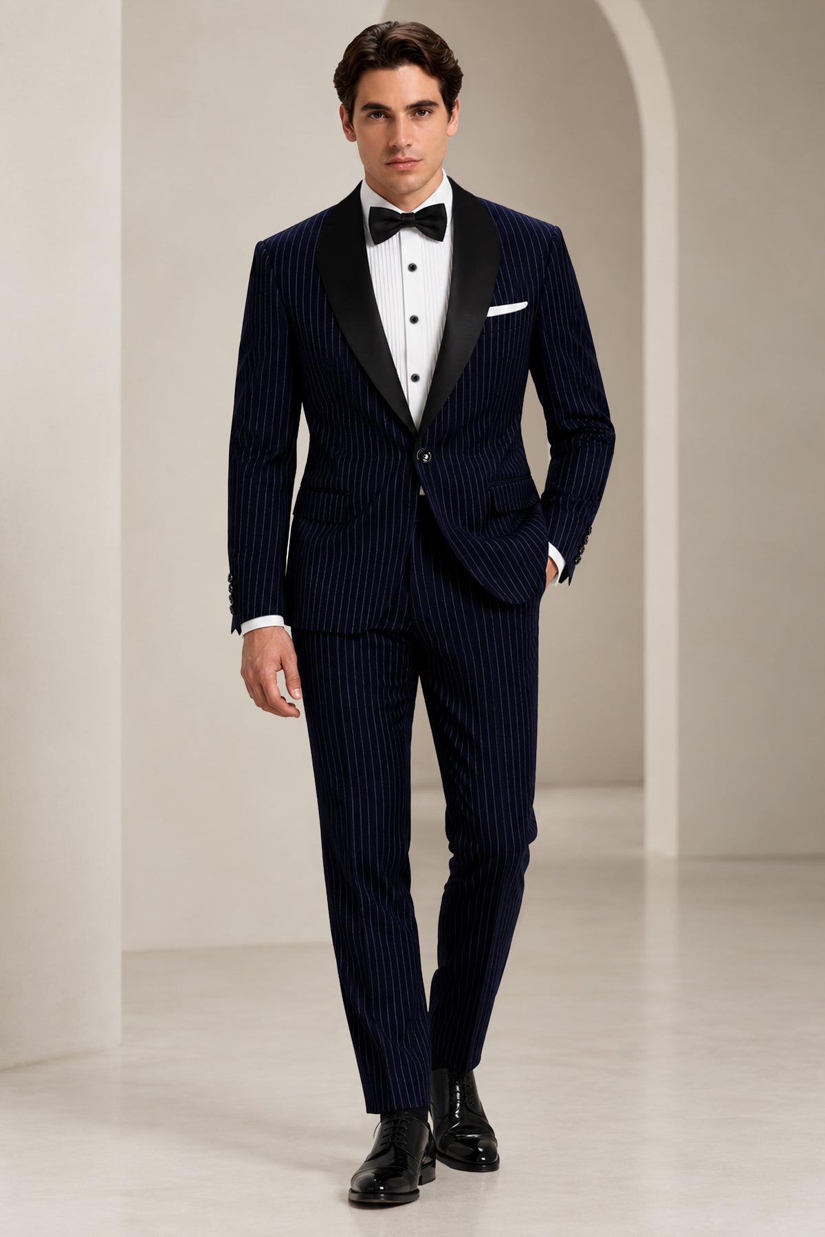Windsor-Navy Blue Chalk Striped Wool Rich Wrinkle-Free Fluid Drape Fabric Tuxedo Blazer