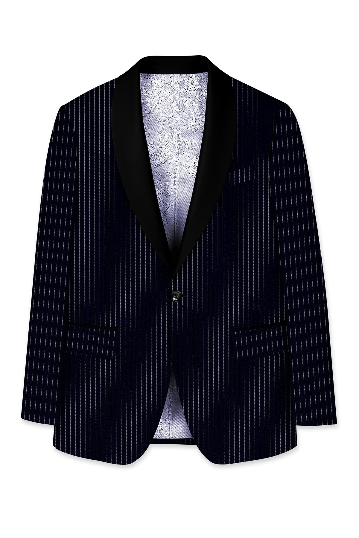 Windsor-Navy Blue Chalk Striped Wool Rich Wrinkle-Free Fluid Drape Fabric Tuxedo Blazer