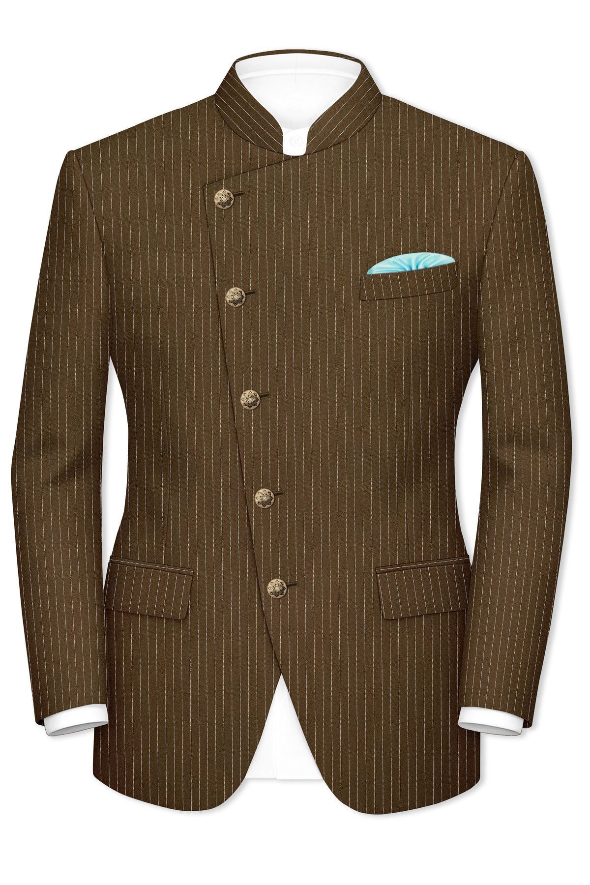 Sable-Antique Brown Chalk Striped Wool Rich Wrinkle-Free Fluid Drape Fabric Cross Bandhgala Blazer