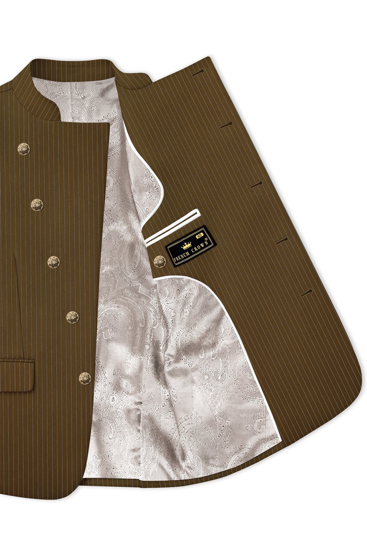 Sable-Antique Brown Chalk Striped Wool Rich Wrinkle-Free Fluid Drape Fabric Cross Bandhgala Blazer