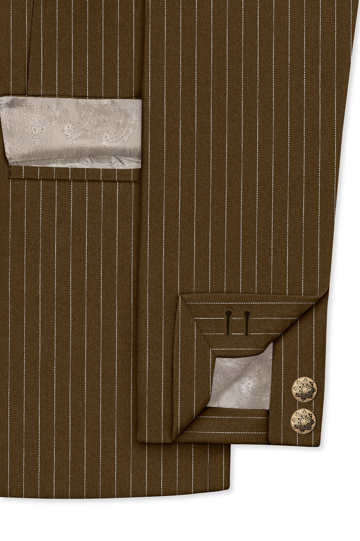 Sable-Antique Brown Chalk Striped Wool Rich Wrinkle-Free Fluid Drape Fabric Cross Bandhgala Blazer
