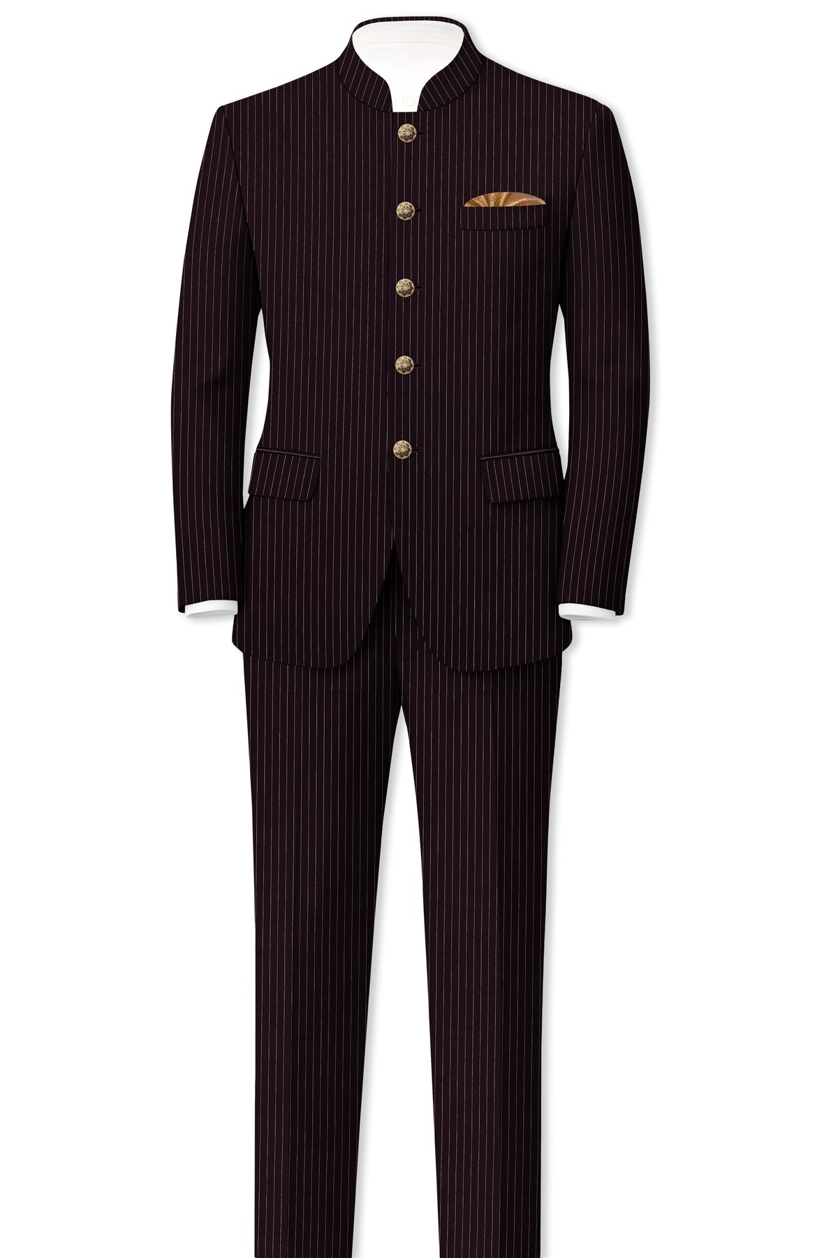 Vesper-Gondola Maroon Chalk Striped Wool Rich Wrinkle-Free Fluid Drape Fabric Bandhgala Blazer