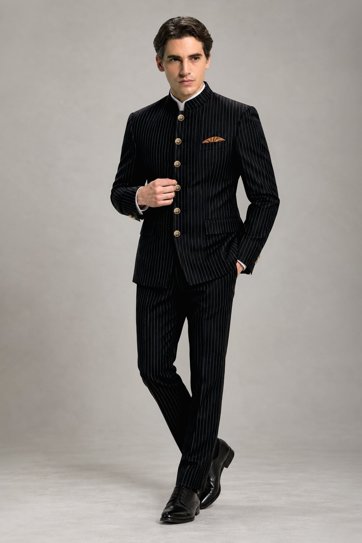 Noble-Jade Black Chalk Striped Wool Rich Wrinkle-Free Fluid Drape Fabric Bandhgala Blazer