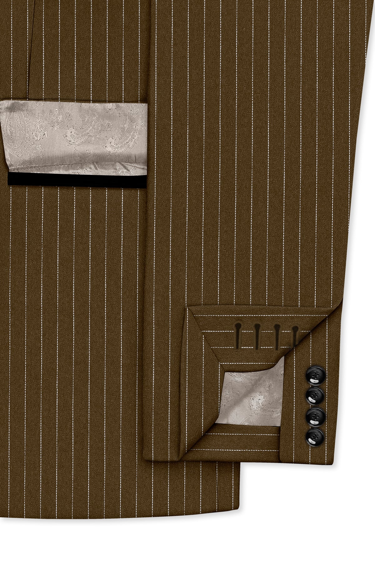 Sable-Antique Brown Chalk Striped Wool Rich Wrinkle-Free Fluid Drape Fabric Peak Lapel Tuxedo Blazer