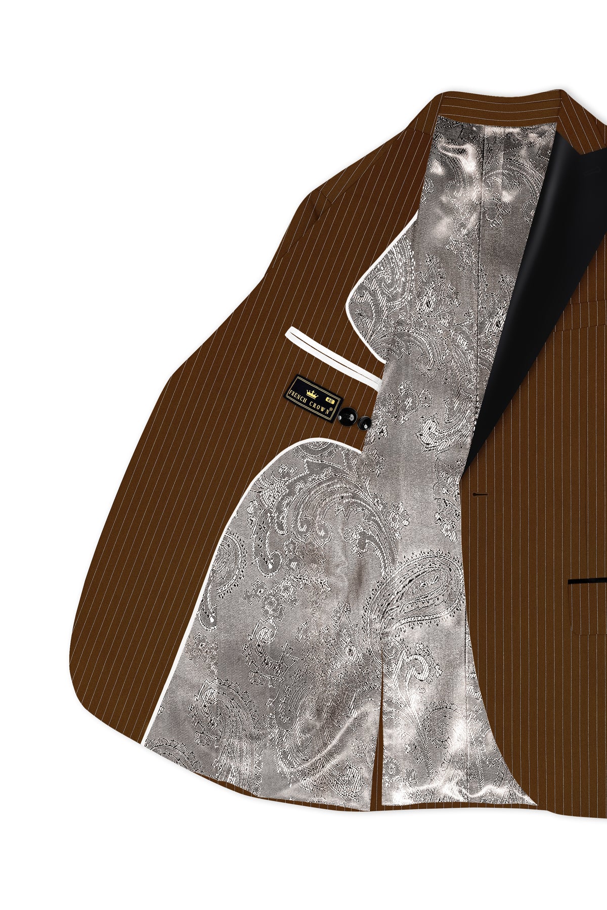 Everton-Clinker Brown Chalk Striped Wool Rich Wrinkle-Free Fluid Drape Fabric Peak Lapel Tuxedo Blazer