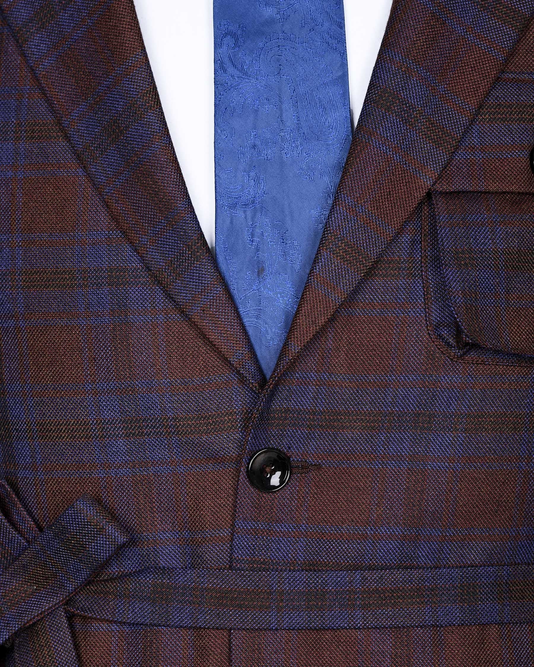Maroon with Royal Blue Plaid Striped Wool Tweed Blazer