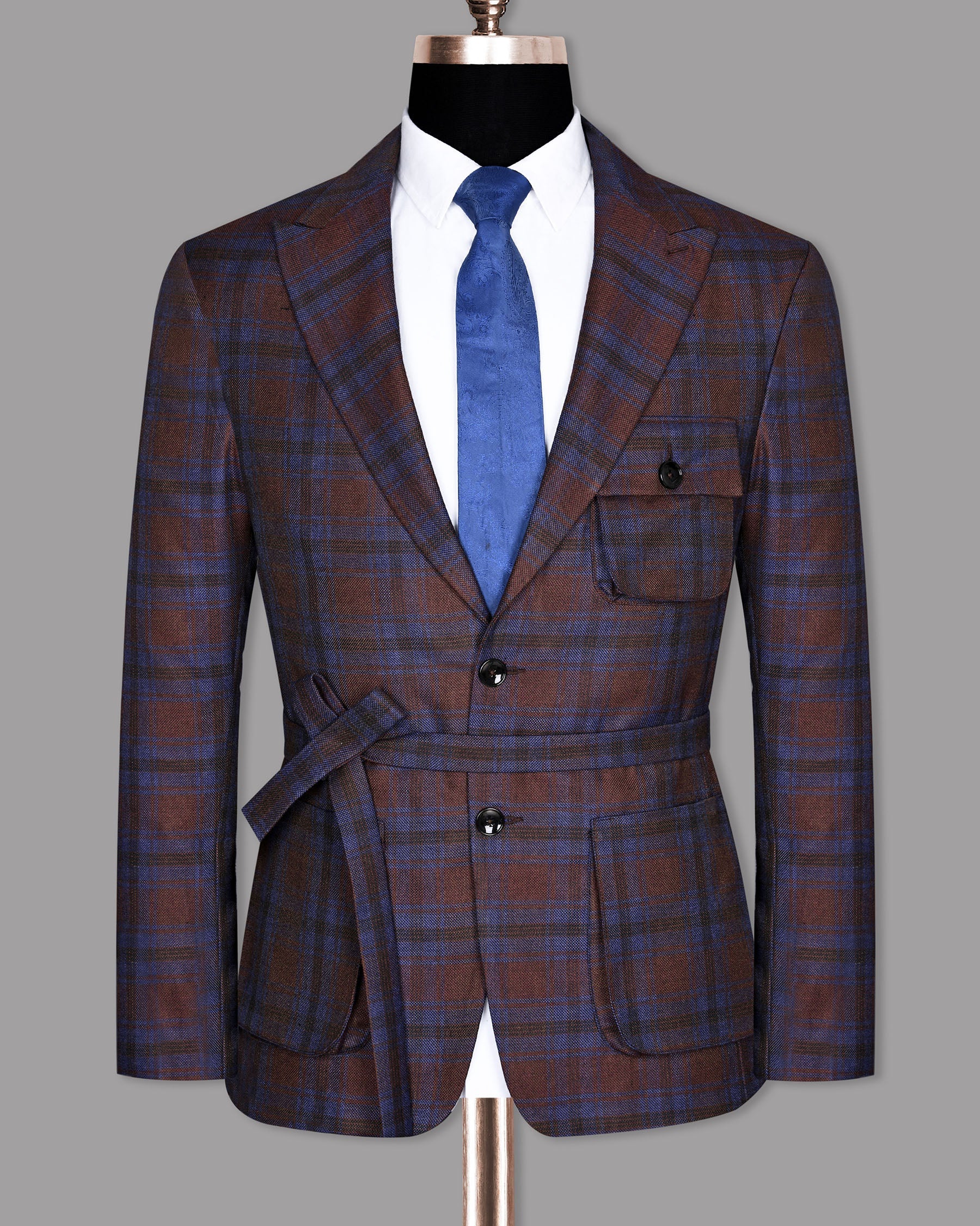 Maroon with Royal Blue Plaid Striped Wool Tweed Blazer