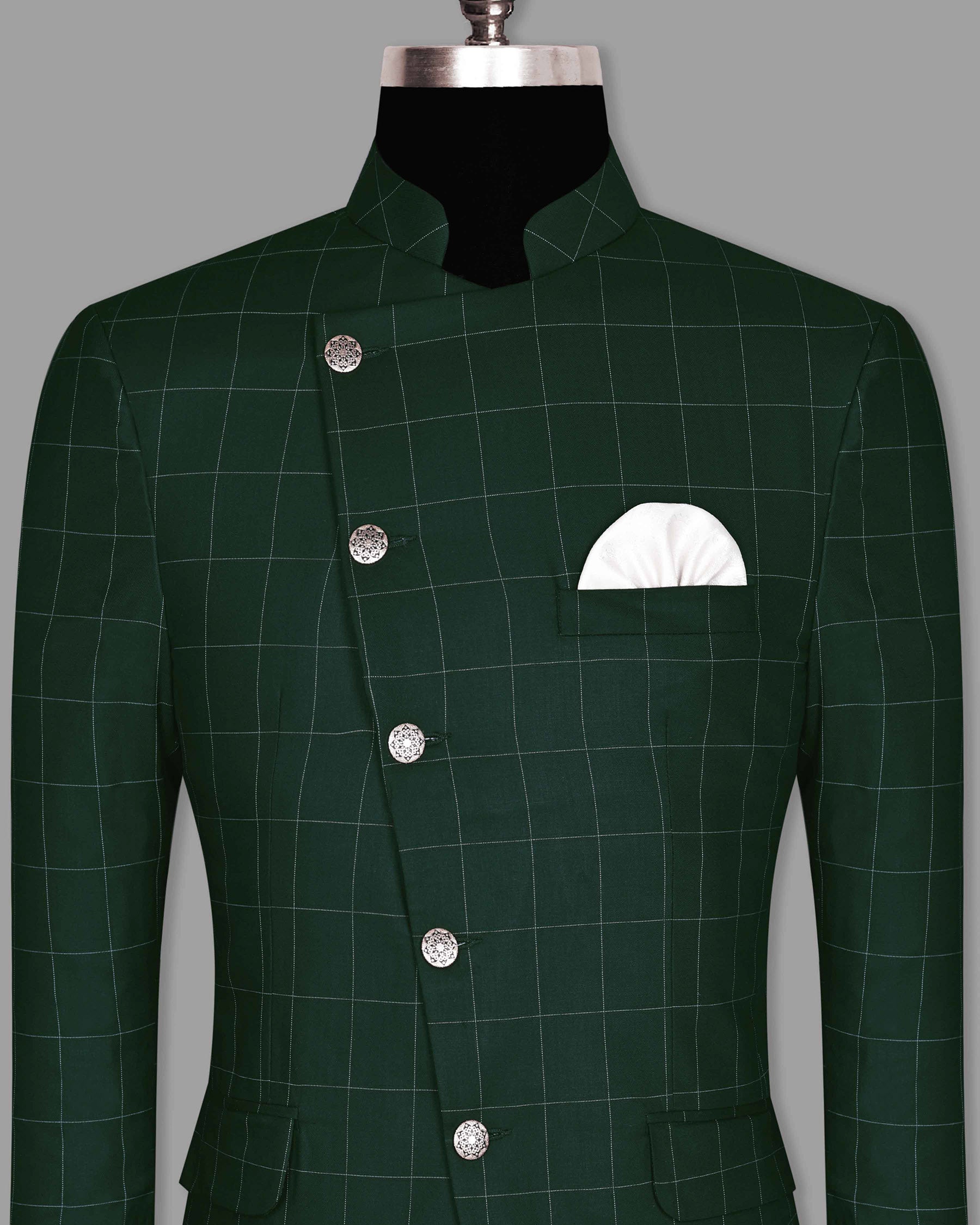Emerald Green Windowpane Cross Placket Bandhgala/Mandarin wool-silk blend Blazer