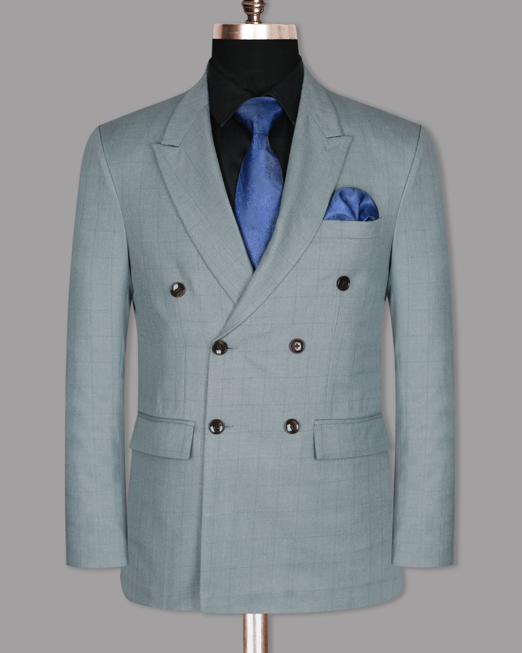 Light Grey Subtle Windowpane Wool Rich Double Breasted Blazer