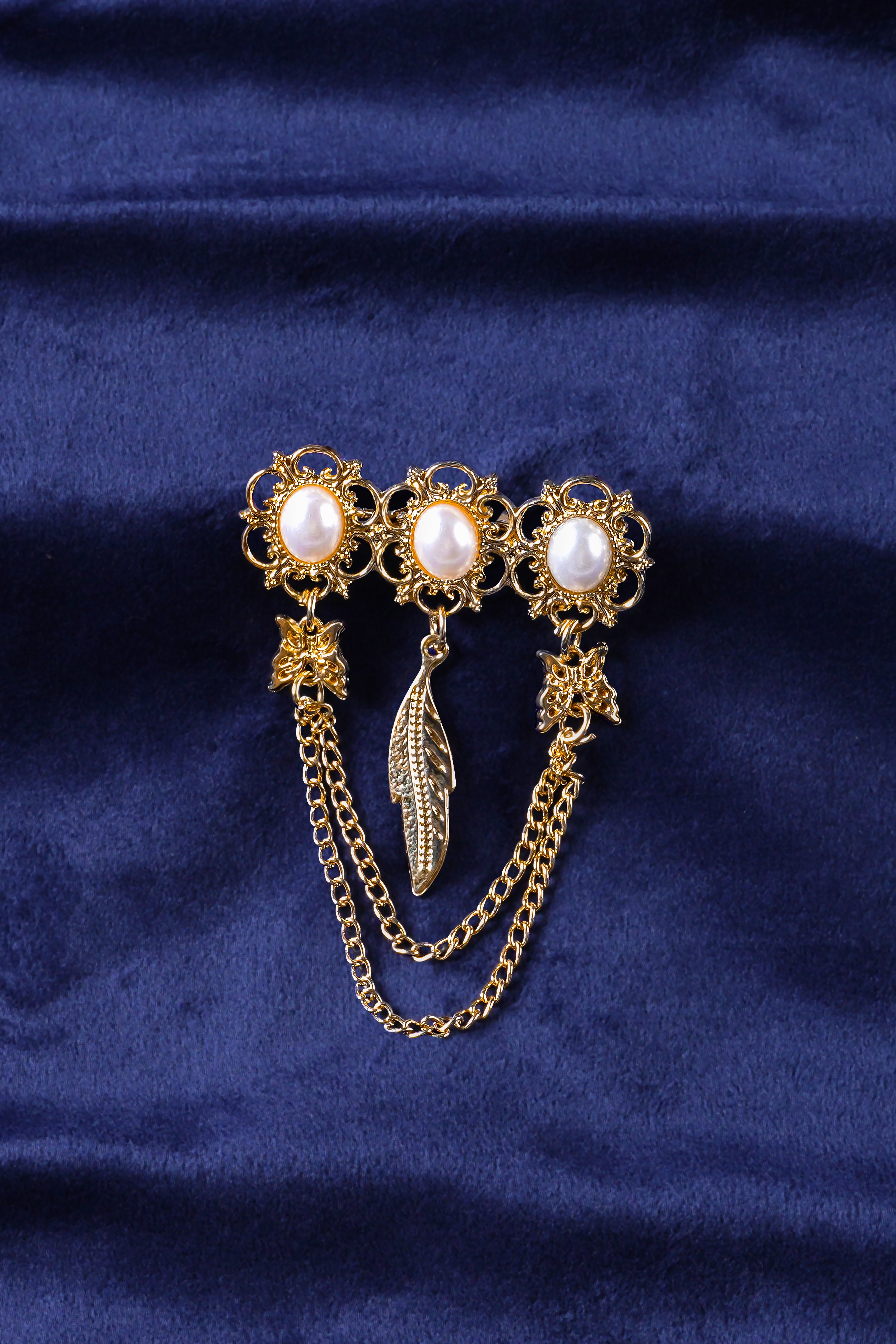 Pearl And Feather Butterflies Gold Tone Designer Brooch