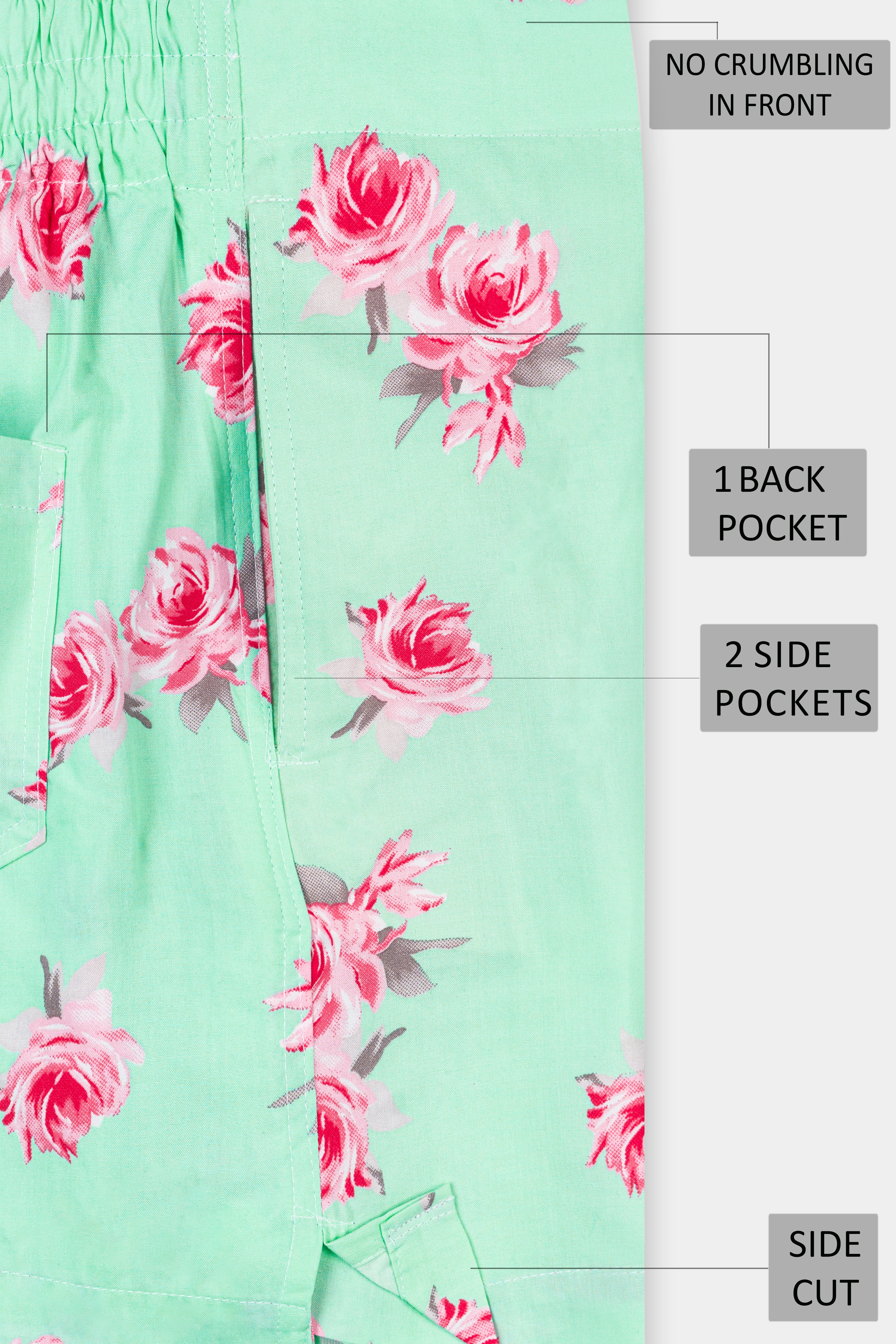 Turquoise Green Rose Flower Printed Premium Cotton Boxer BX560-28, BX560-30, BX560-32, BX560-34, BX560-36, BX560-38, BX560-40, BX560-42, BX560-44