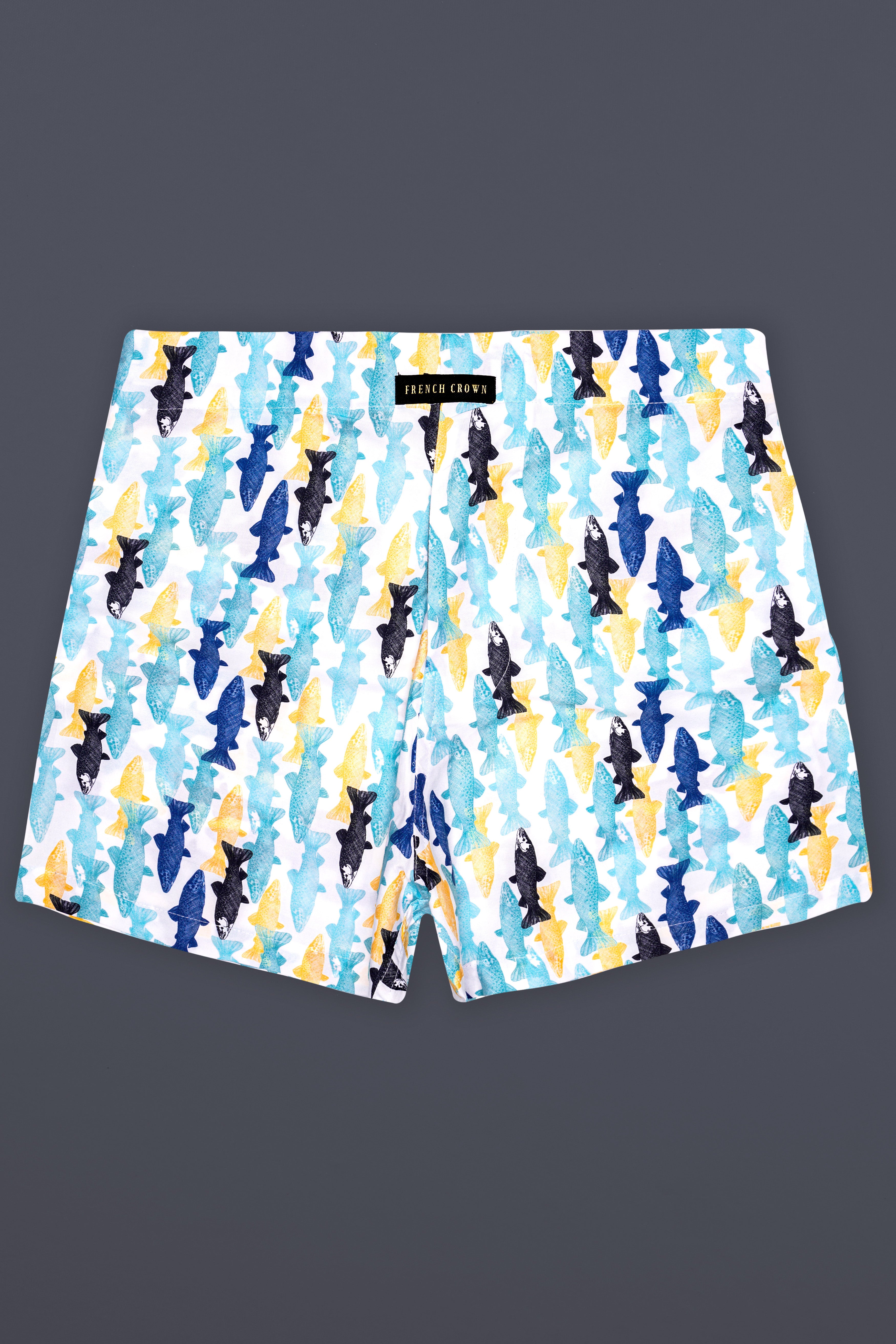 Bright White with Multicolour Fish Printed Super Soft Premium Cotton Boxer