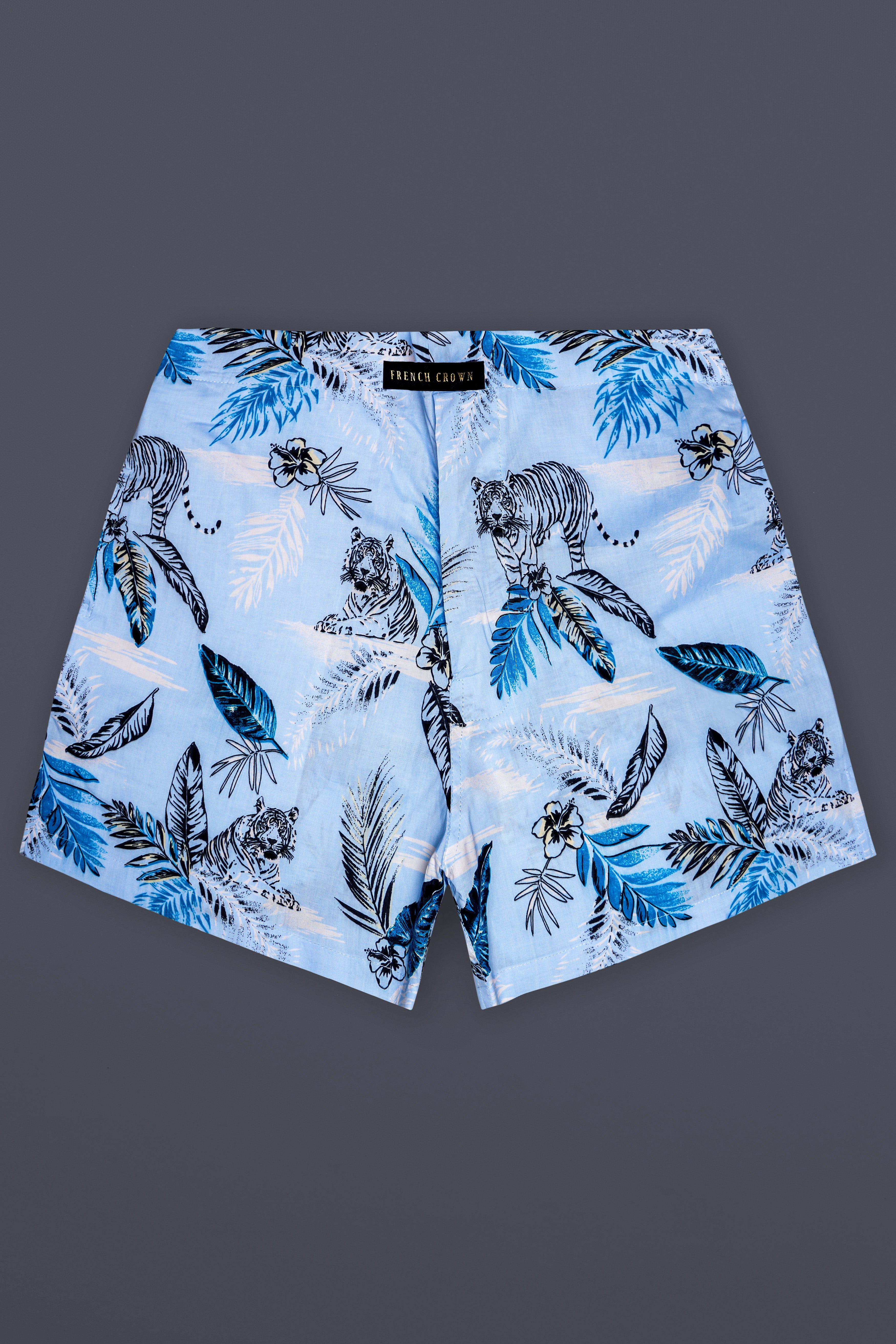 Coral Blue Leaves Printed Poplin Cotton Boxer