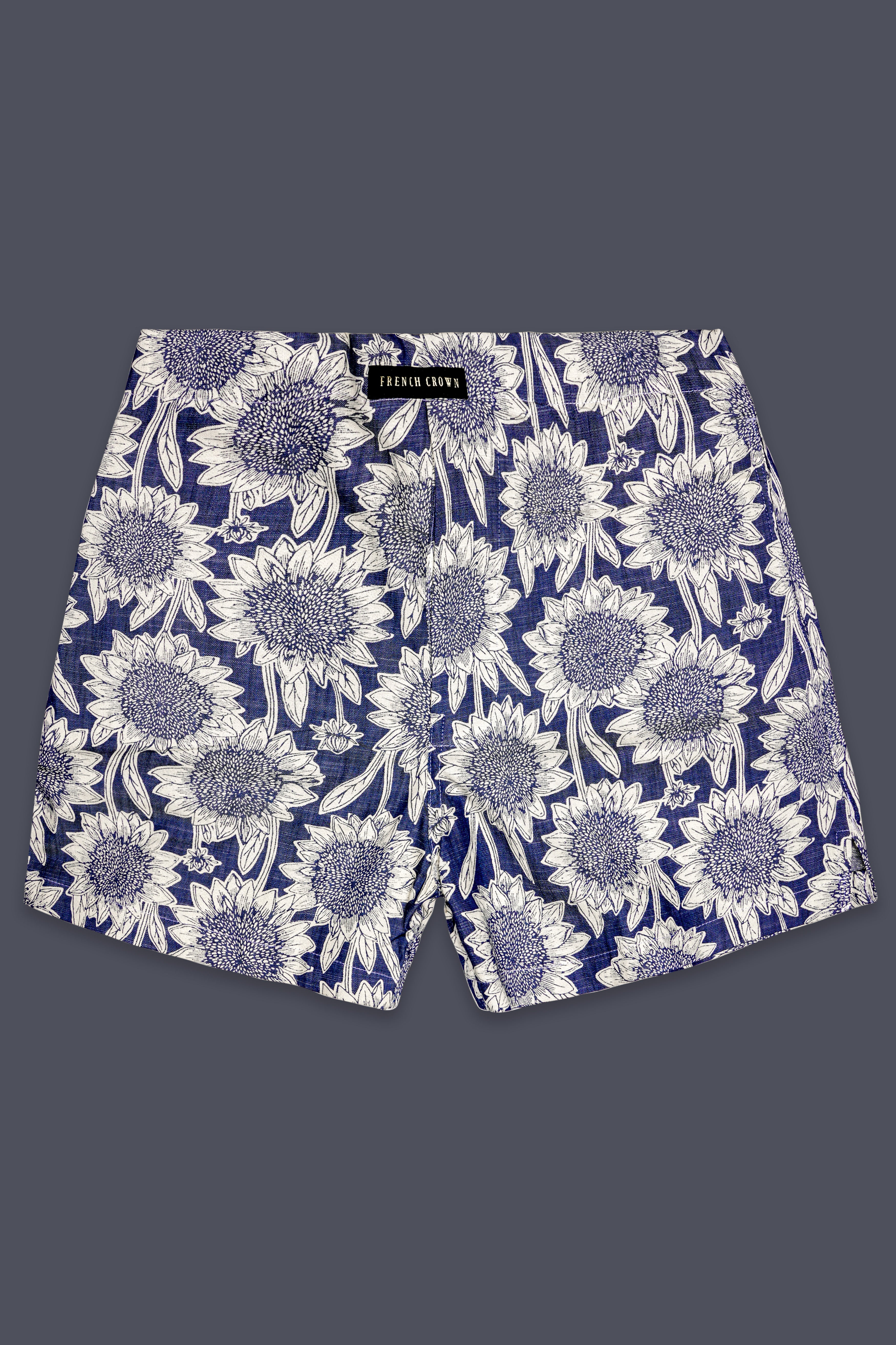 Ebony Blue And Mercury Cream Sunflower Printed Chambray Premium Cotton Boxer
