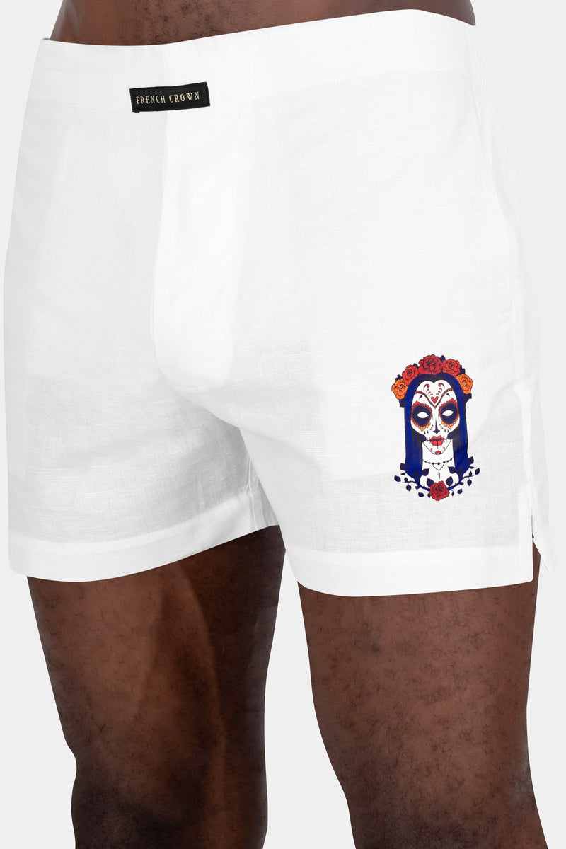 Bright White Sugar Skull Style Face Printed Luxurious Linen Boxers