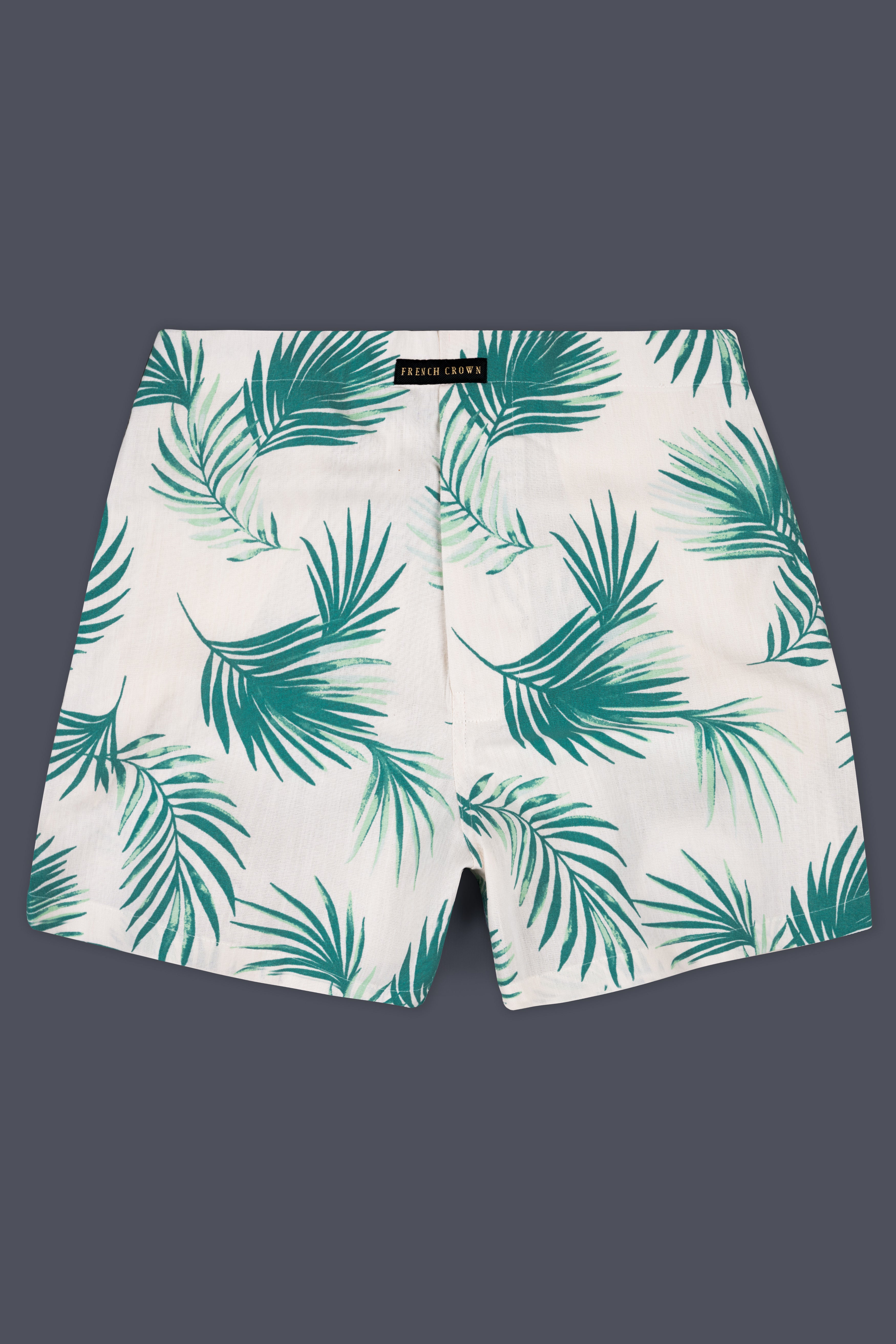 Bright White and Viridian Blue Leaf Prints Luxurious Linen Boxer