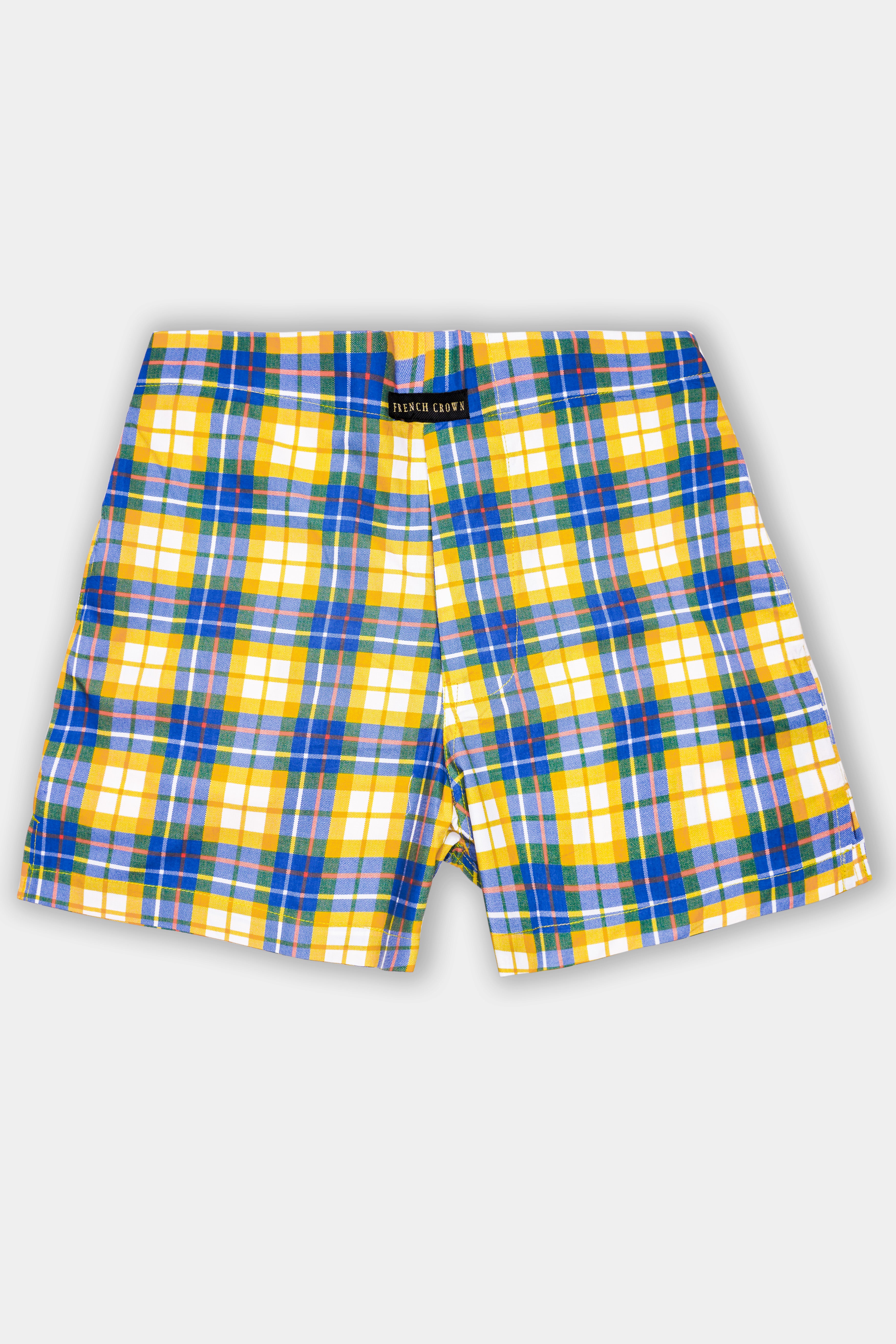 Macaroni Yellow And Mariner Blue Plaid Premium Giza Cotton Boxer