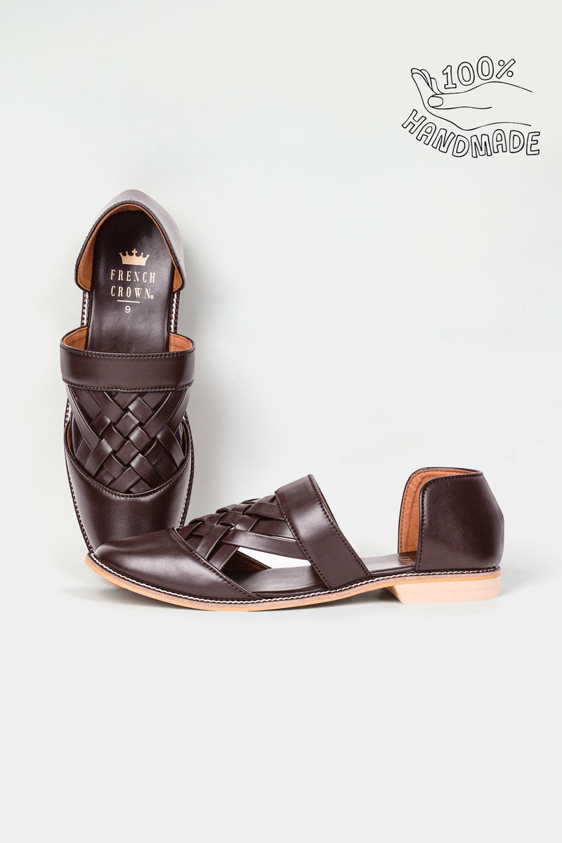 Dark Brown Criss Cross Vegan Leather Hand Stitched Pathanis Sandal