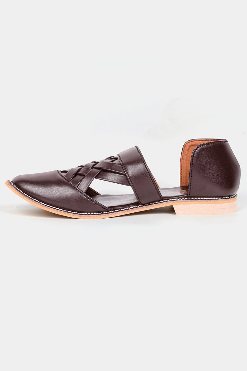 Dark Brown Criss Cross Vegan Leather Hand Stitched Pathanis Sandal