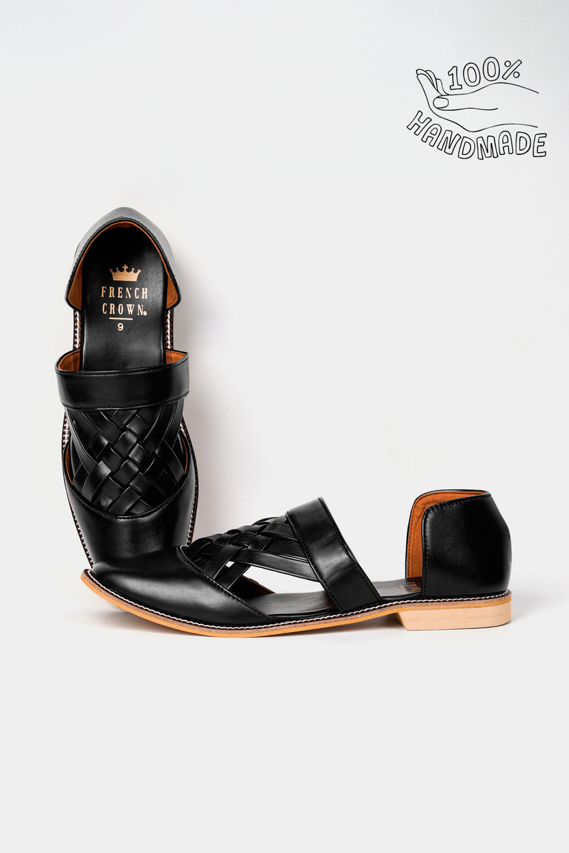 Jade Black Criss Cross Vegan Leather Hand Stitched Pathanis Sandal