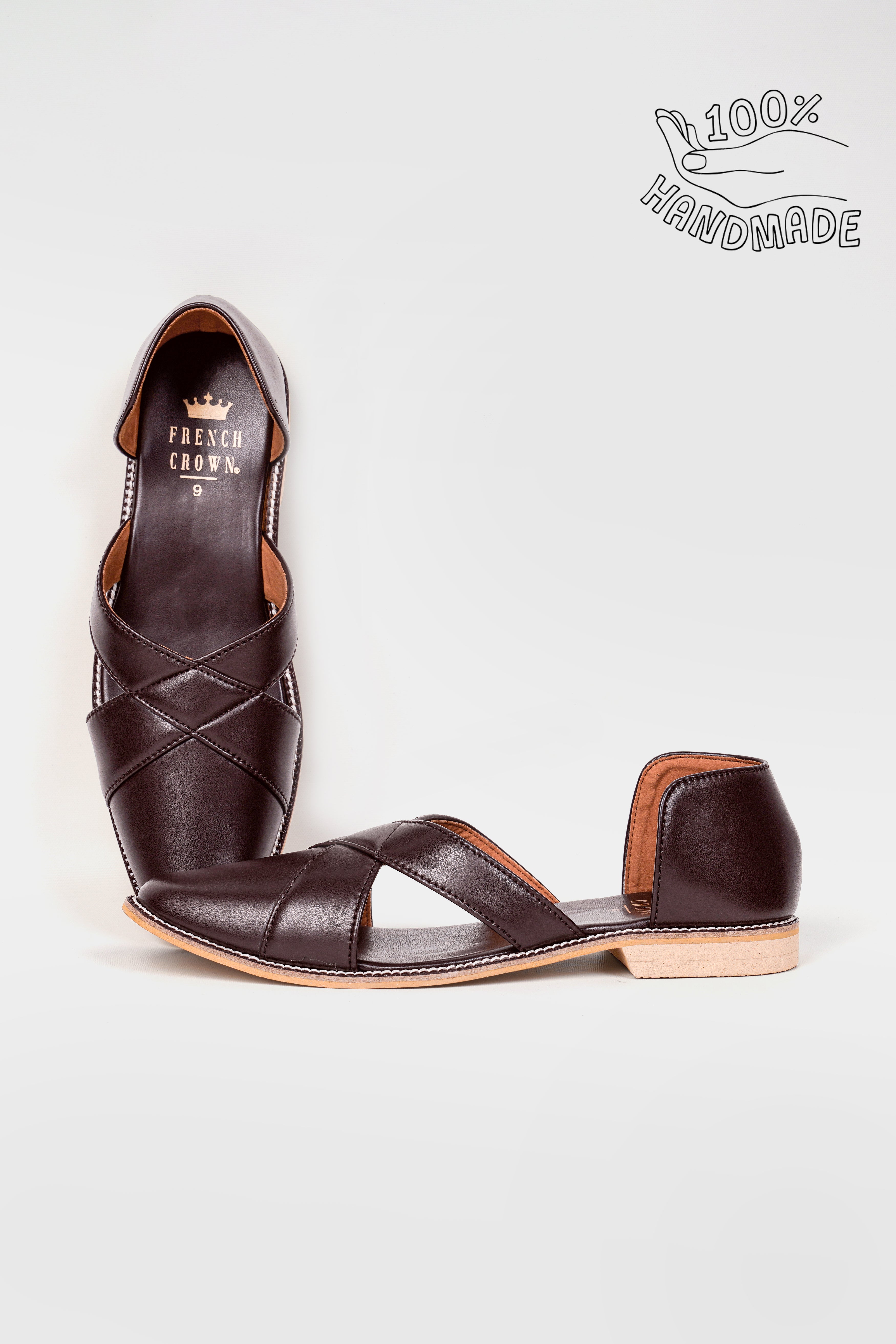 Dark Brown Classic Criss Cross Vegan Leather Hand Stitched Pathanis Sandal FT125-6, FT125-7, FT125-8, FT125-9, FT125-10, FT125-11