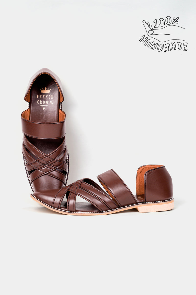 Brown Criss Cross Vegan Leather Hand Stitched Pathanis Sandal