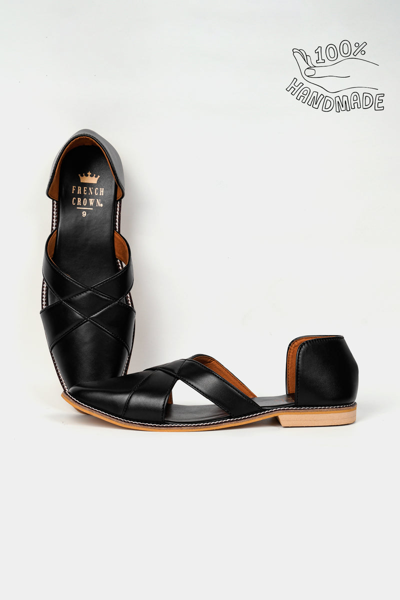 Jade Black Classic Criss Cross Vegan Leather Hand Stitched Pathanis Sandal