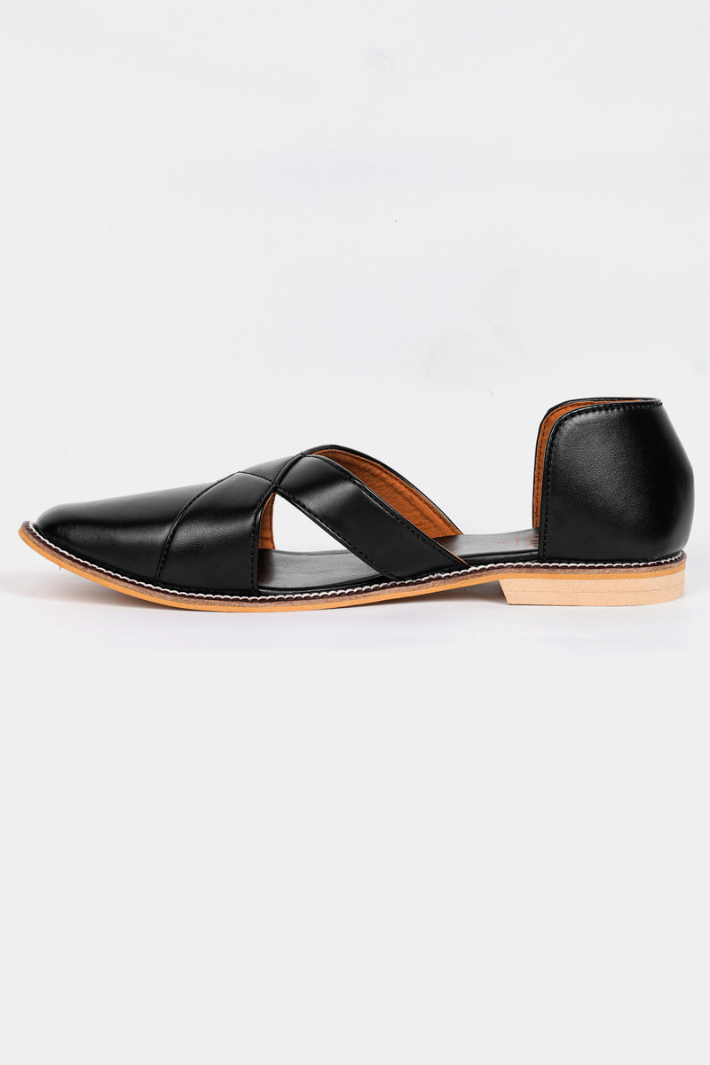 Jade Black Classic Criss Cross Vegan Leather Hand Stitched Pathanis Sandal