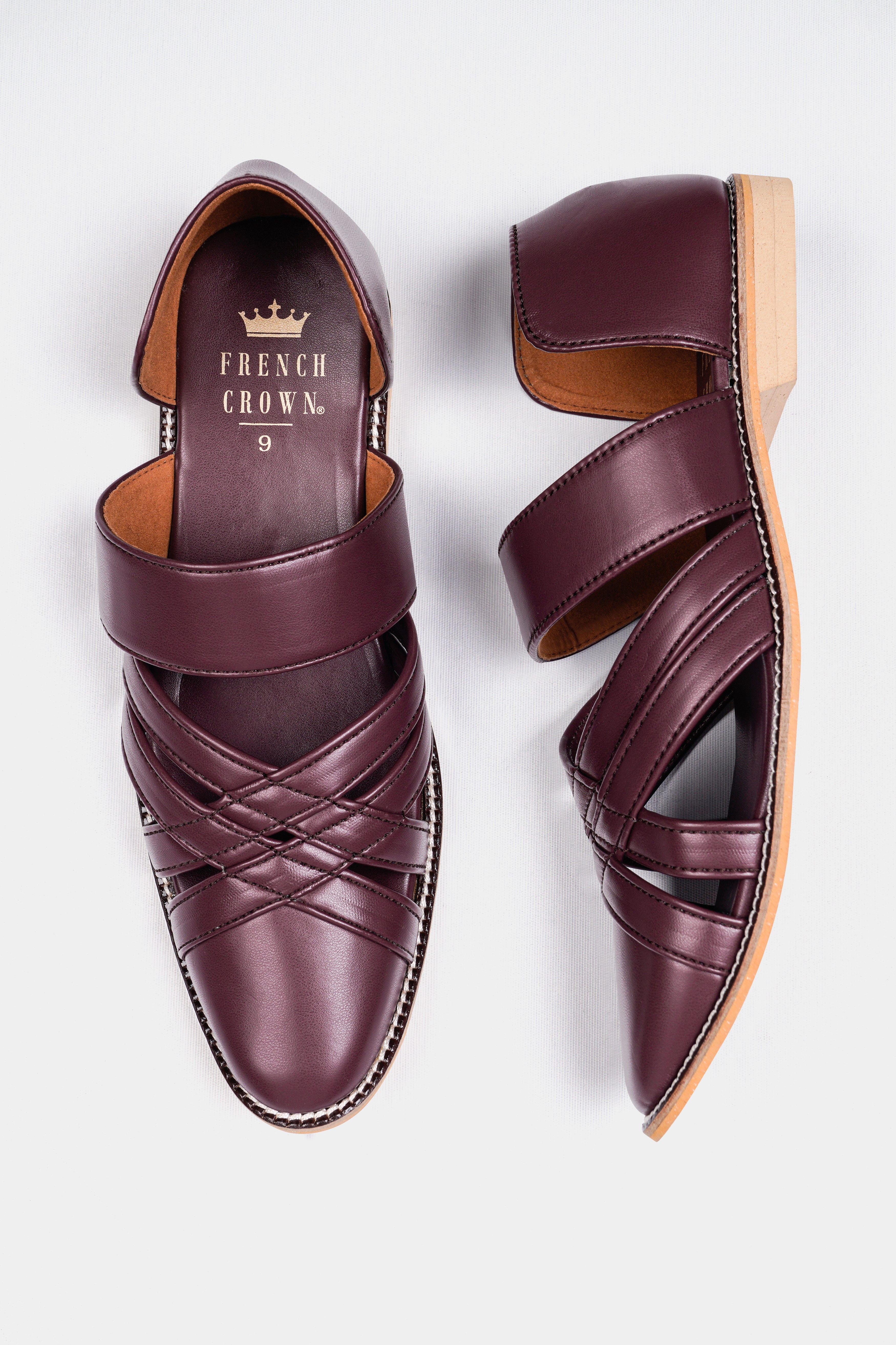Wine Classic Criss Cross Vegan Leather Hand Stitched Pathanis Sandal FT128-6, FT128-7, FT128-8, FT128-9, FT128-10, FT128-11