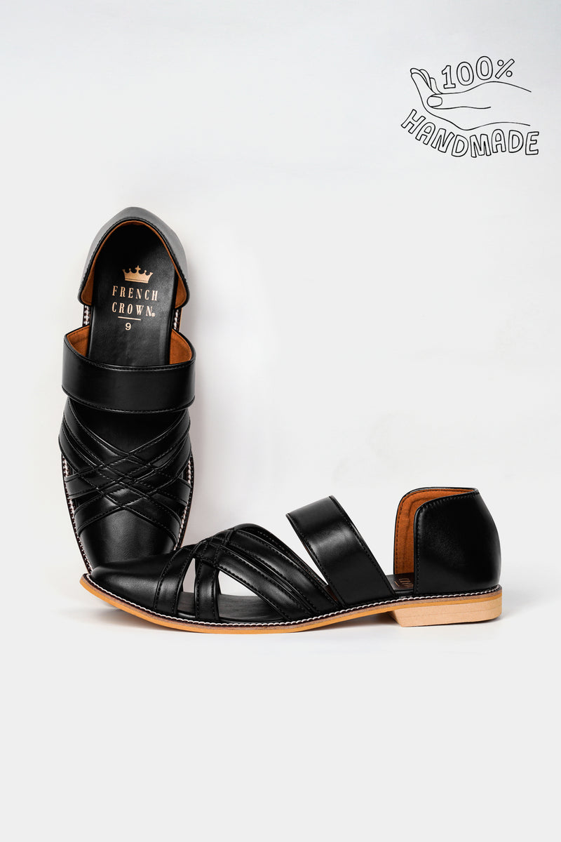 Jade Black Classic Criss Cross Strapped Vegan Leather Hand Stitched Pathani Sandal
