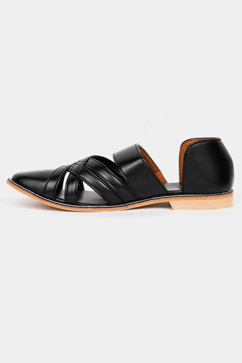 Jade Black Classic Criss Cross Strapped Vegan Leather Hand Stitched Pathani Sandal
