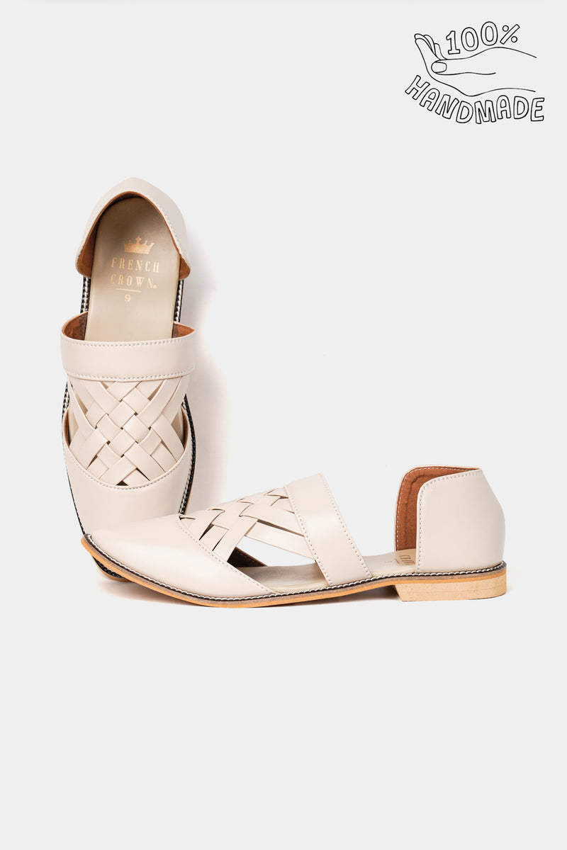 Cream Criss Cross Vegan Leather Hand Stitched Pathanis Sandal
