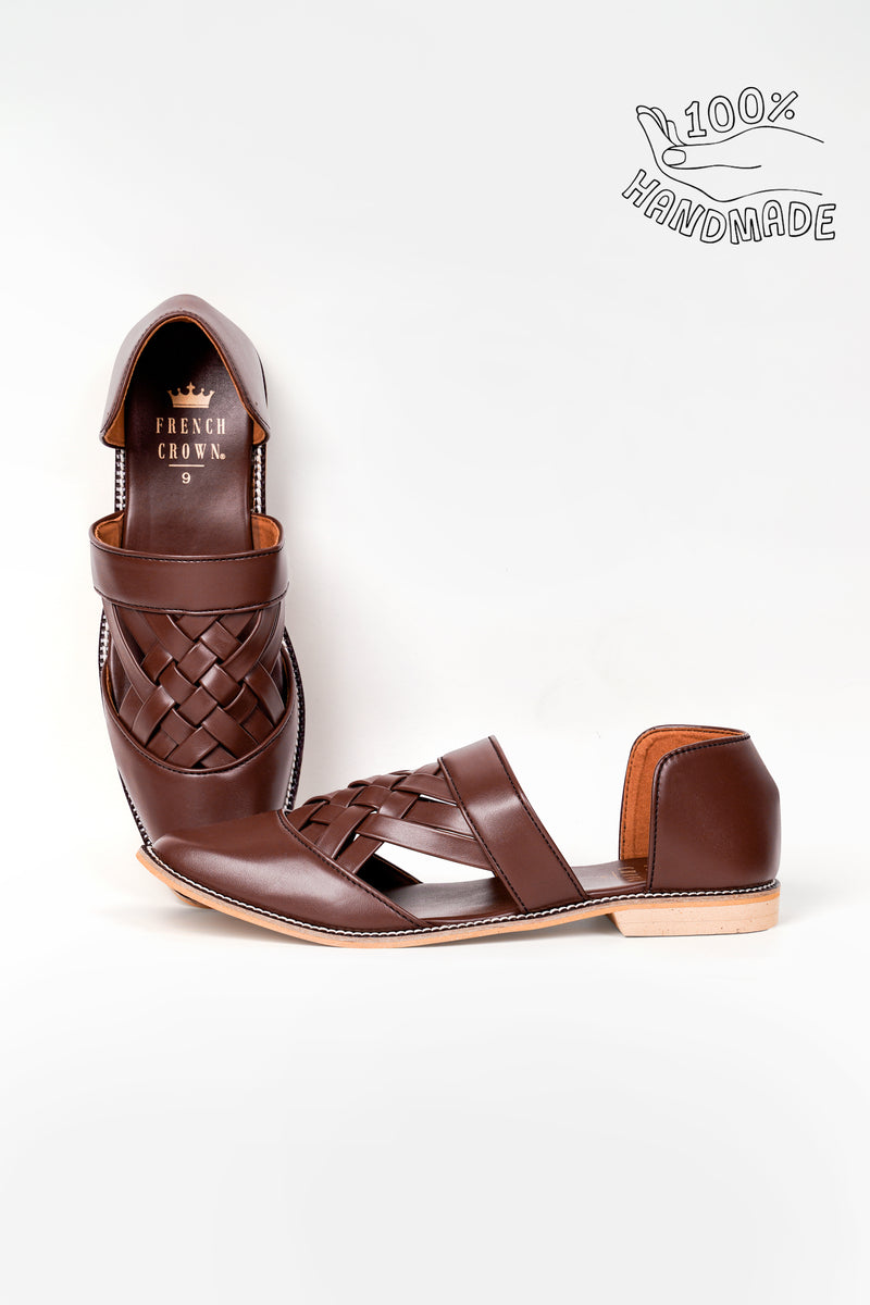 Brown Classic Criss Cross Strapped Vegan Leather Hand Stitched Pathani Sandal