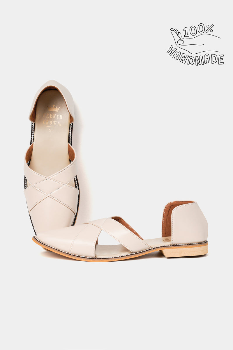 Cream Classic Criss Cross Strapped Vegan Leather Hand Stitched Pathanis Sandal