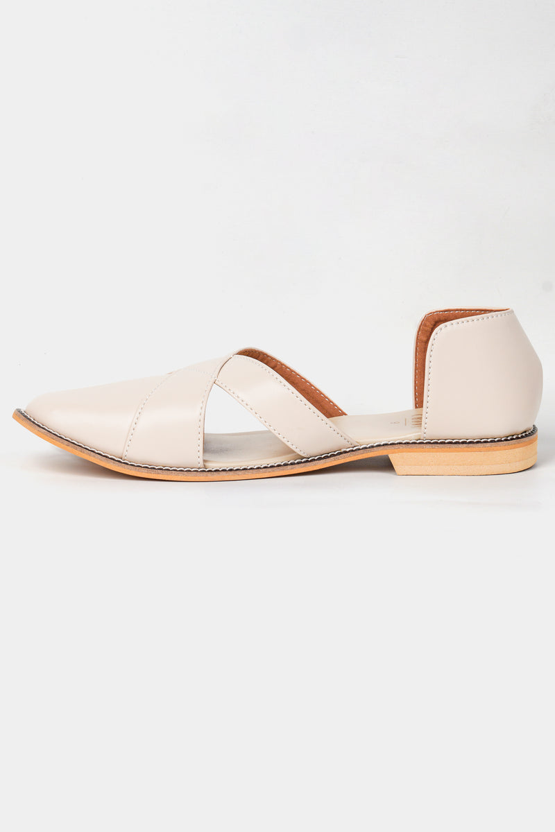 Cream Classic Criss Cross Strapped Vegan Leather Hand Stitched Pathanis Sandal