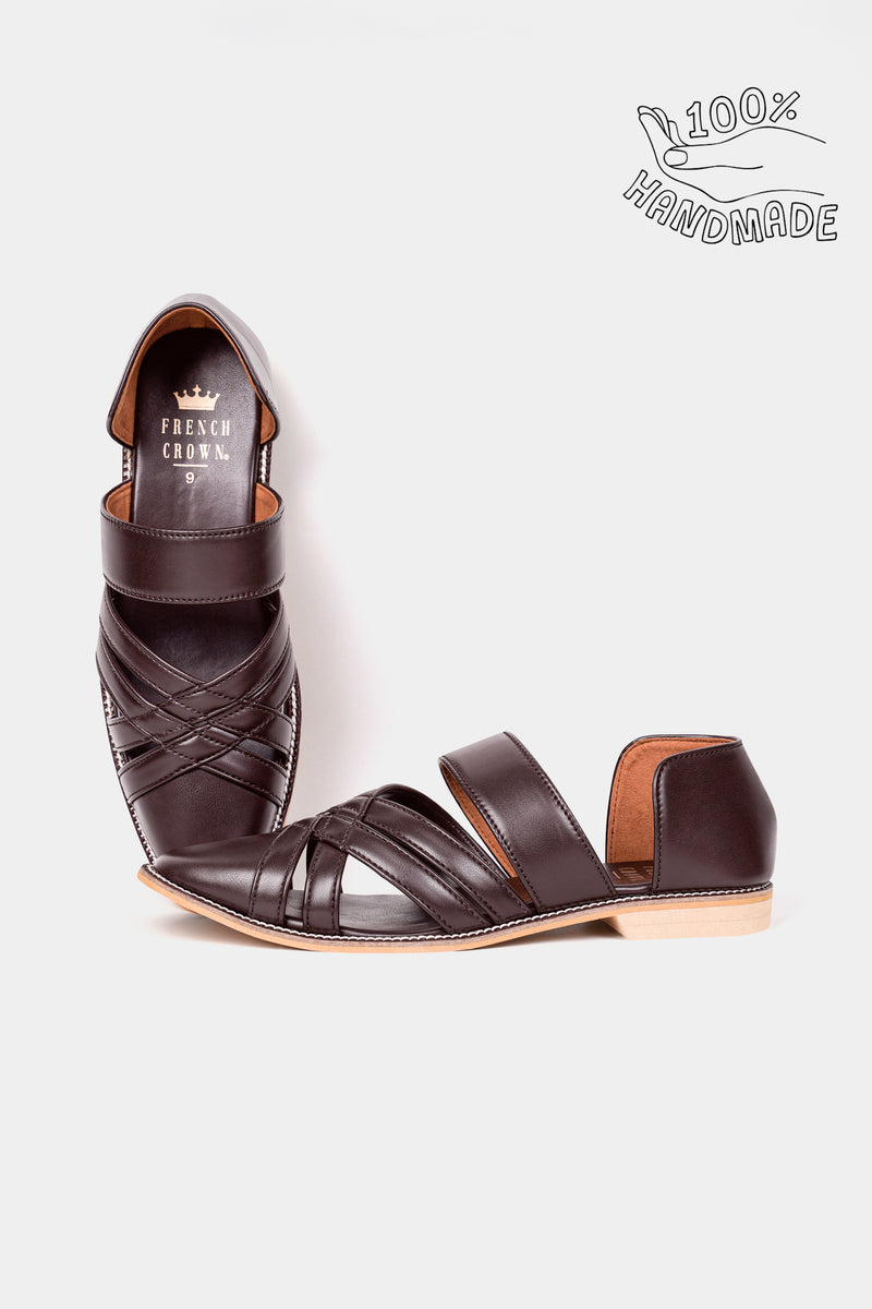 Dark Brown Criss Cross Vegan Leather Hand Stitched Pathanis Sandal