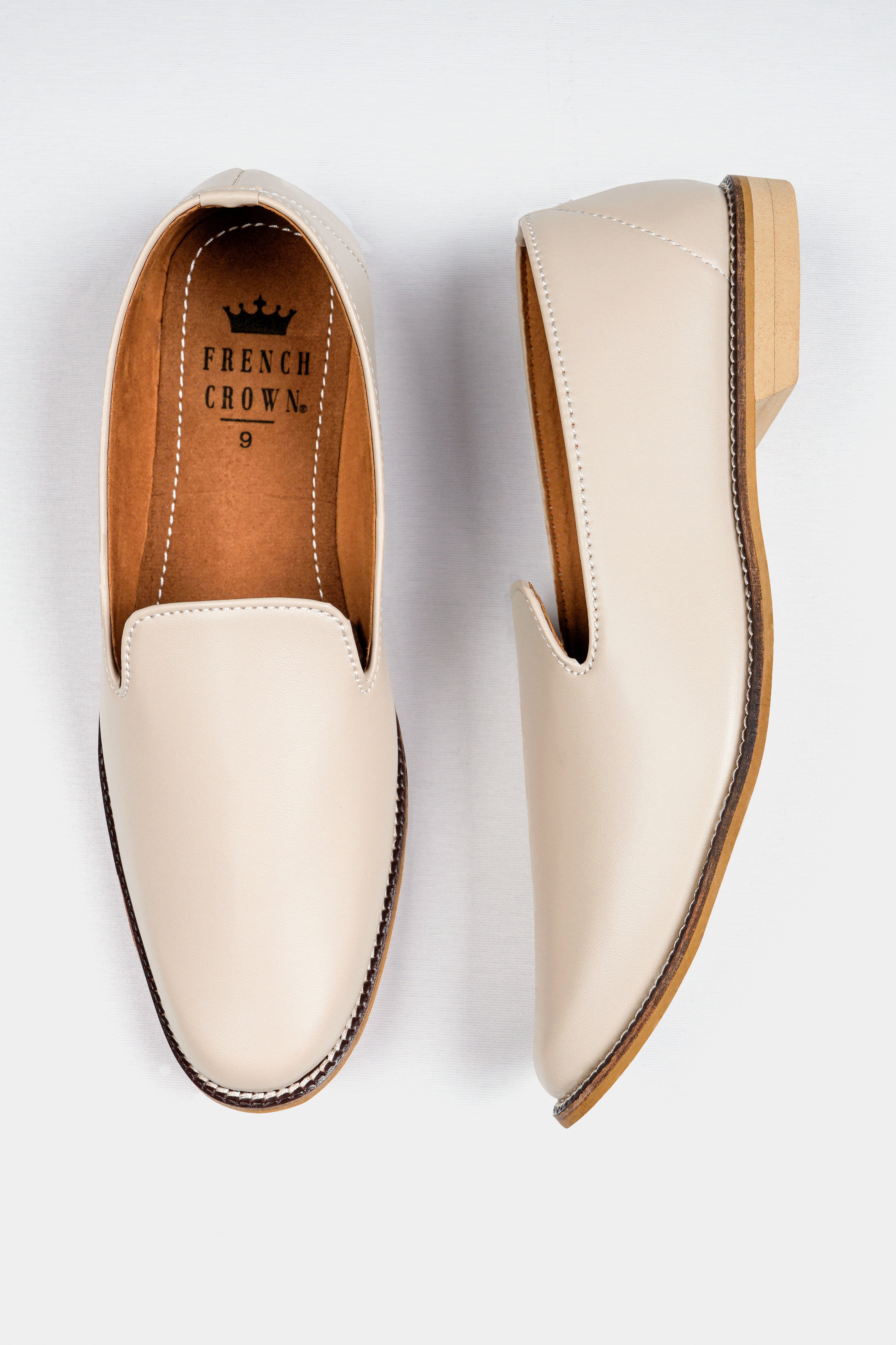 Cream Vegan Leather Hand Stitched Mojri Slip-On Shoes FT142-6, FT142-7, FT142-8, FT142-9, FT142-10, FT142-11