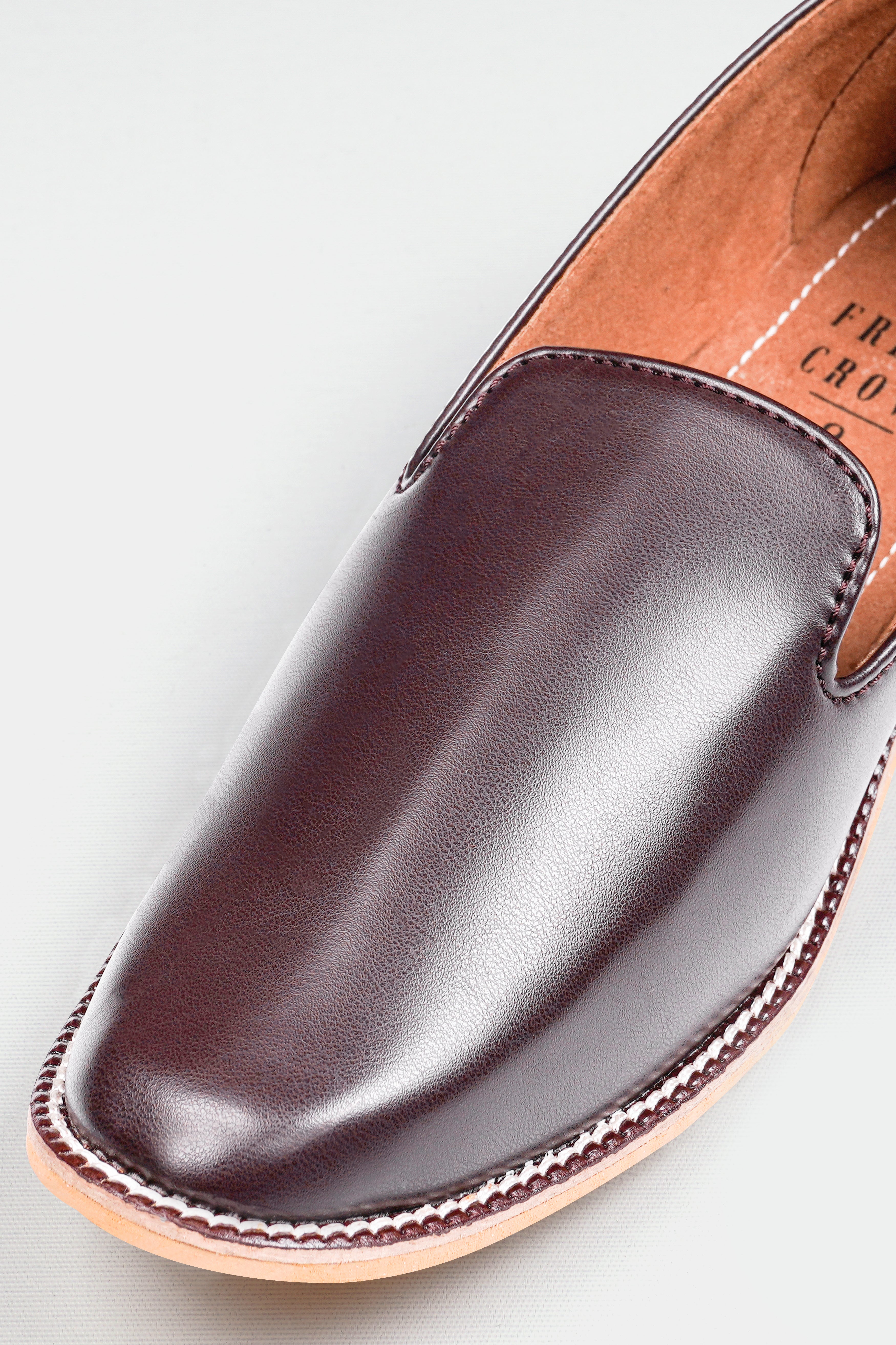 Dark Brown Vegan Leather Hand Stitched Mojri Slip-On Shoes FT146-6, FT146-7, FT146-8, FT146-9, FT146-10, FT146-11