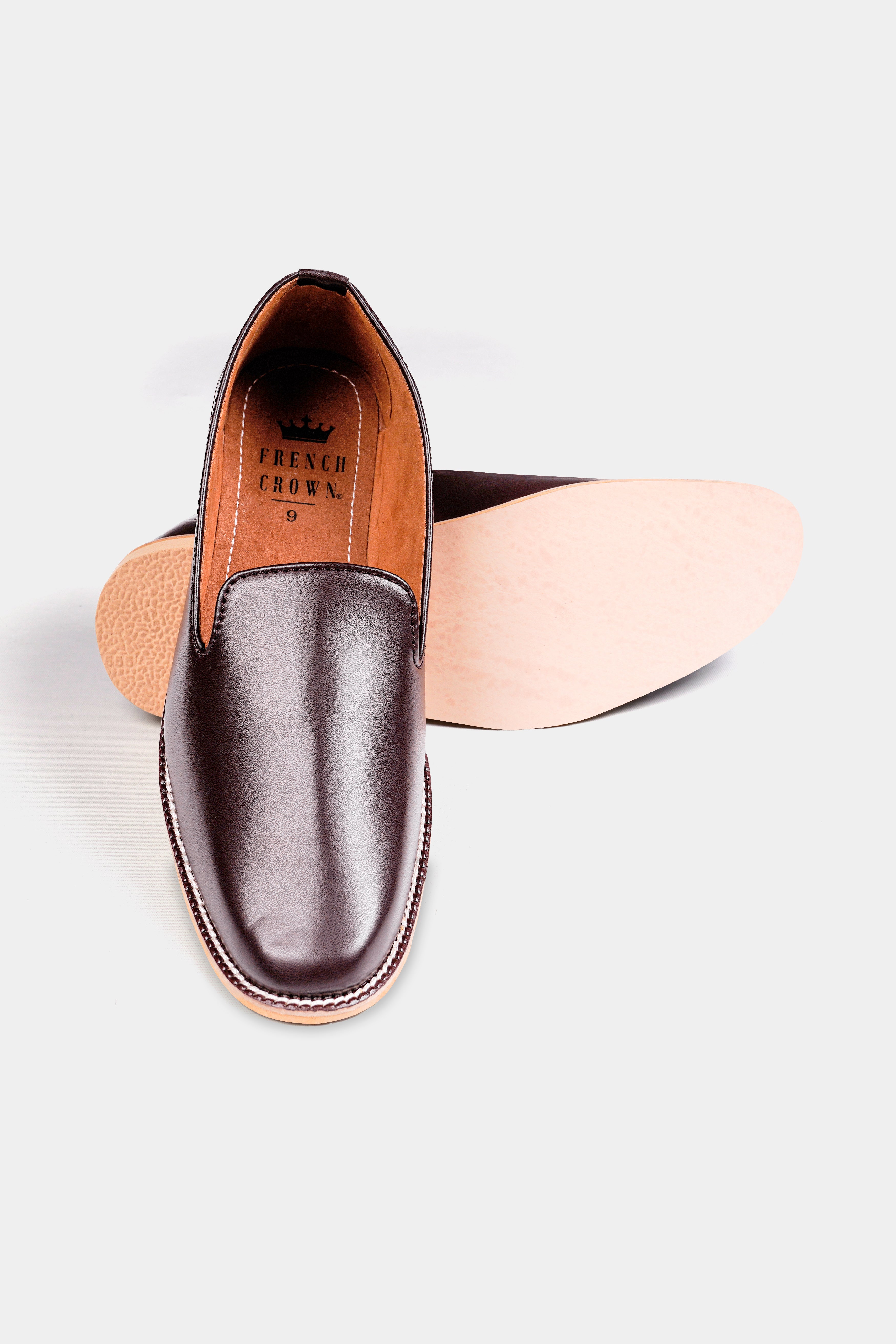 Dark Brown Vegan Leather Hand Stitched Mojri Slip-On Shoes FT146-6, FT146-7, FT146-8, FT146-9, FT146-10, FT146-11