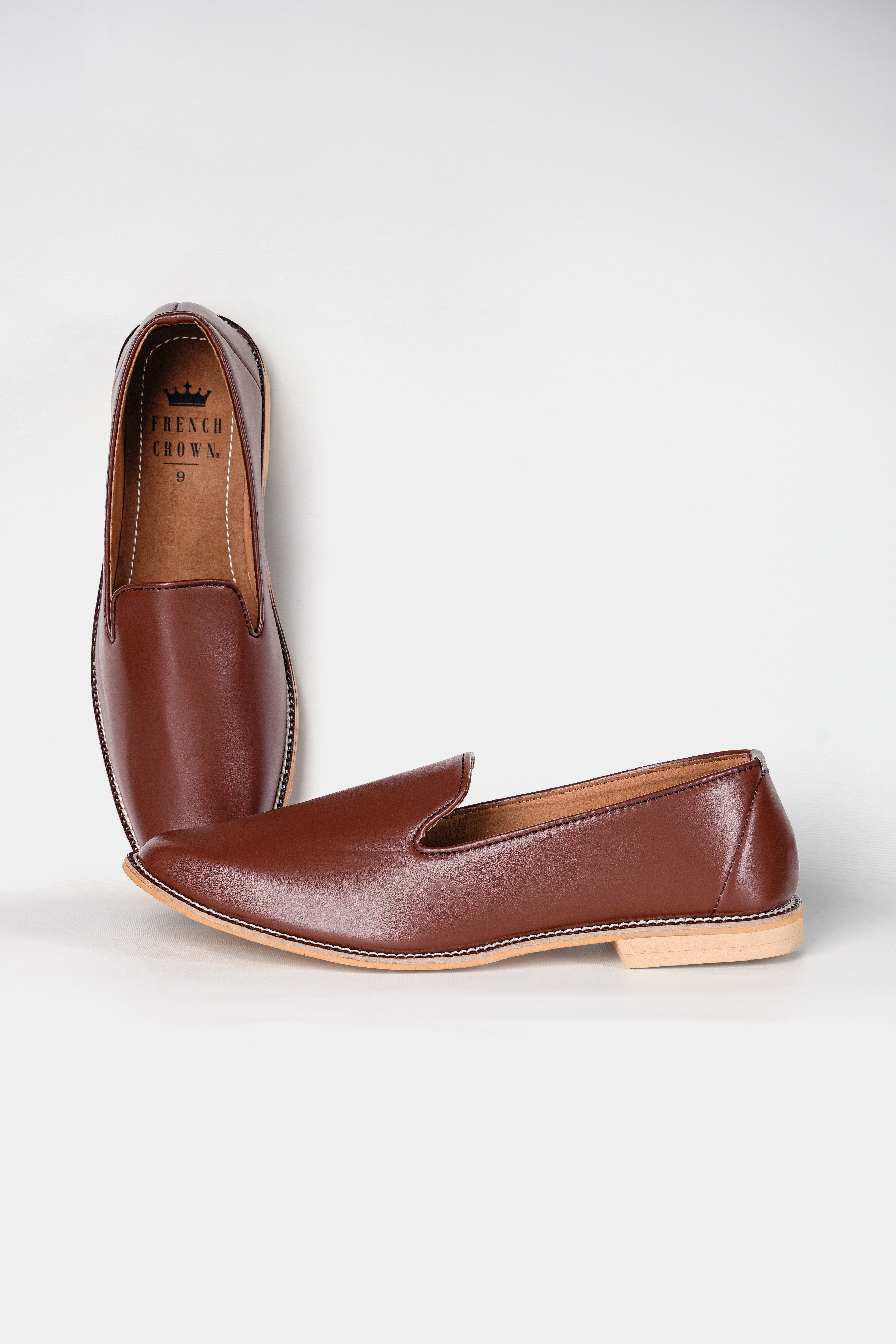 Brown Vegan Leather Hand Stitched Mojri Slip-On Shoes FT150-6, FT150-7, FT150-8, FT150-9, FT150-10, FT150-11