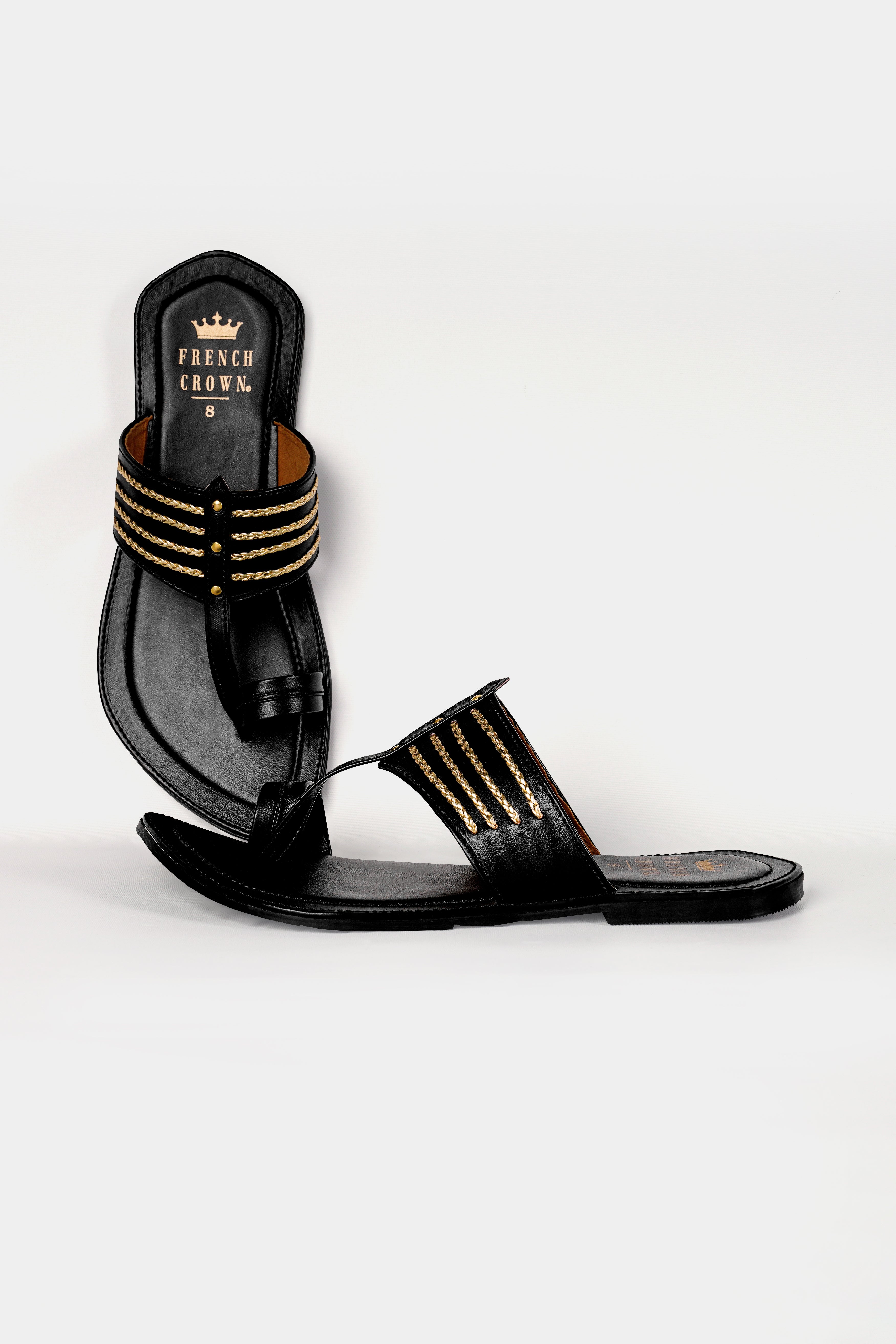 Jade Black with Golden Stitched Vegan Leather Kolhapuri Sandal FT152-6, FT152-7, FT152-8, FT152-9, FT152-10, FT152-11